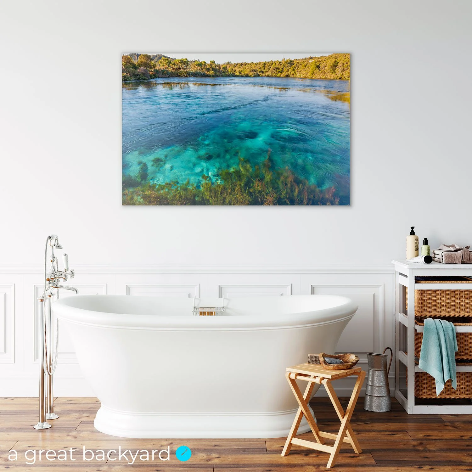 Waikoropupū Springs print on bathroom wall | a great backyard New Zealand landscape photography