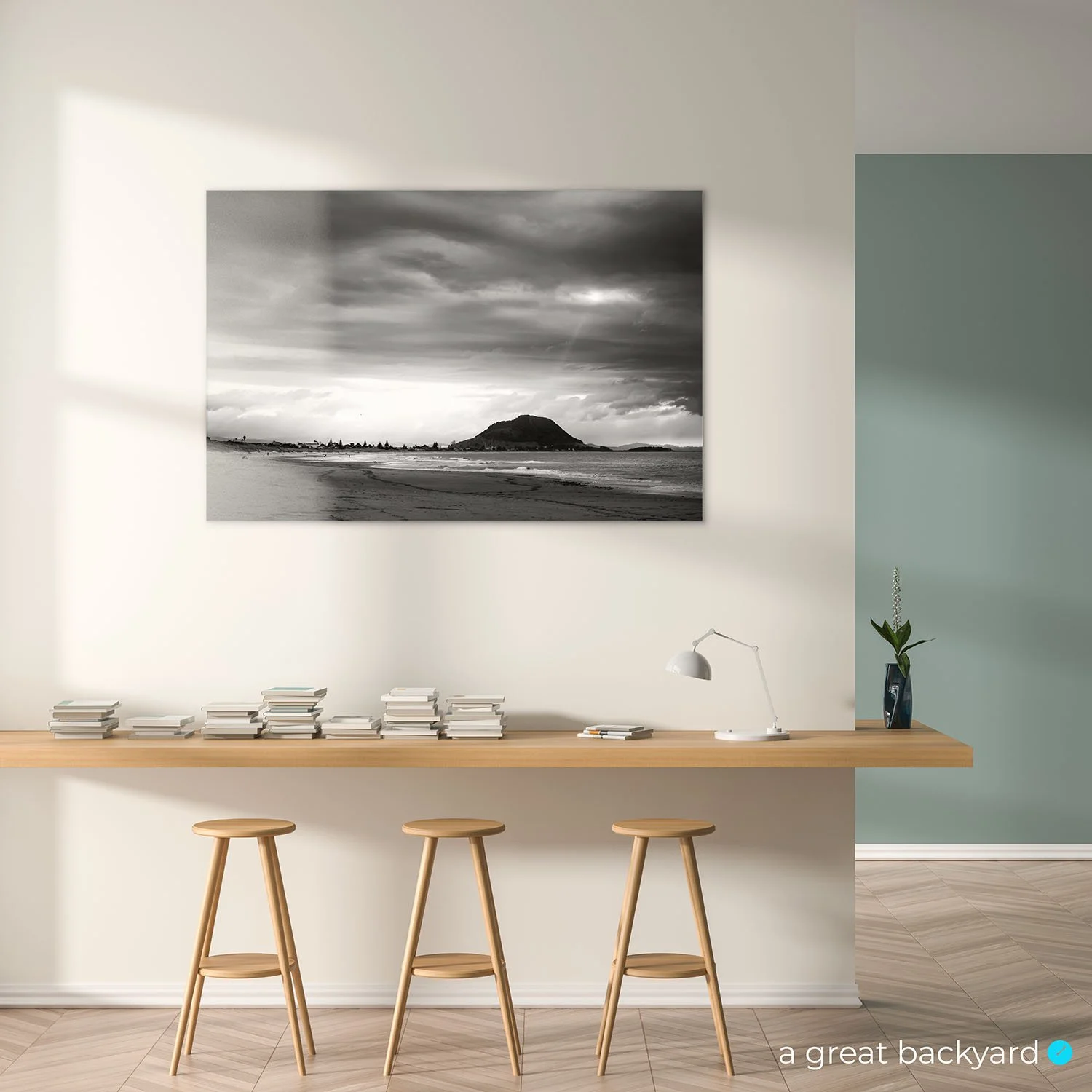 Mt Maunganui black and white print on home wall | a great backyard fine art prints