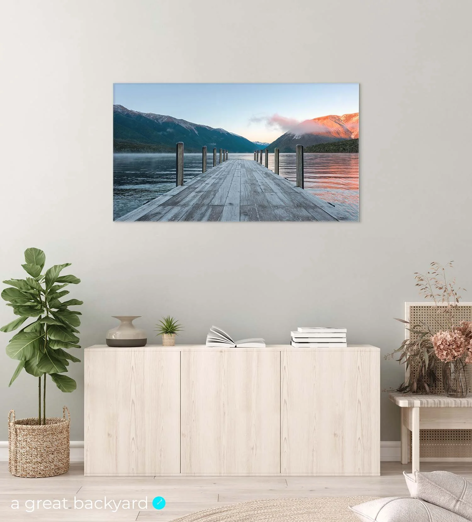 Nelson Lakes print on interior wall | a great backyard