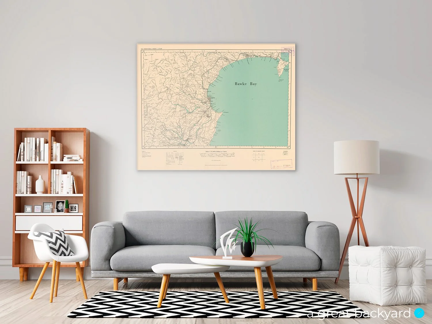 Vintage 1953 map of Hawke Bay hanging on home wall | a great backyard