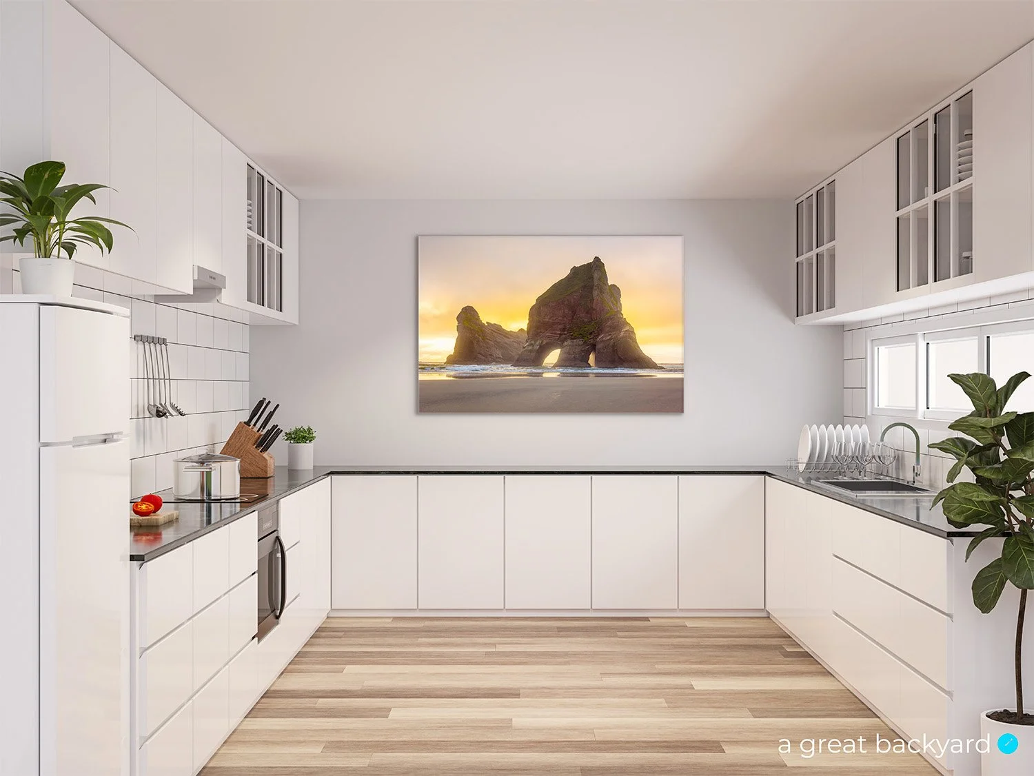 Archway Islands print on kitchen wall | a great backyard wall art proudly made in New Zealand