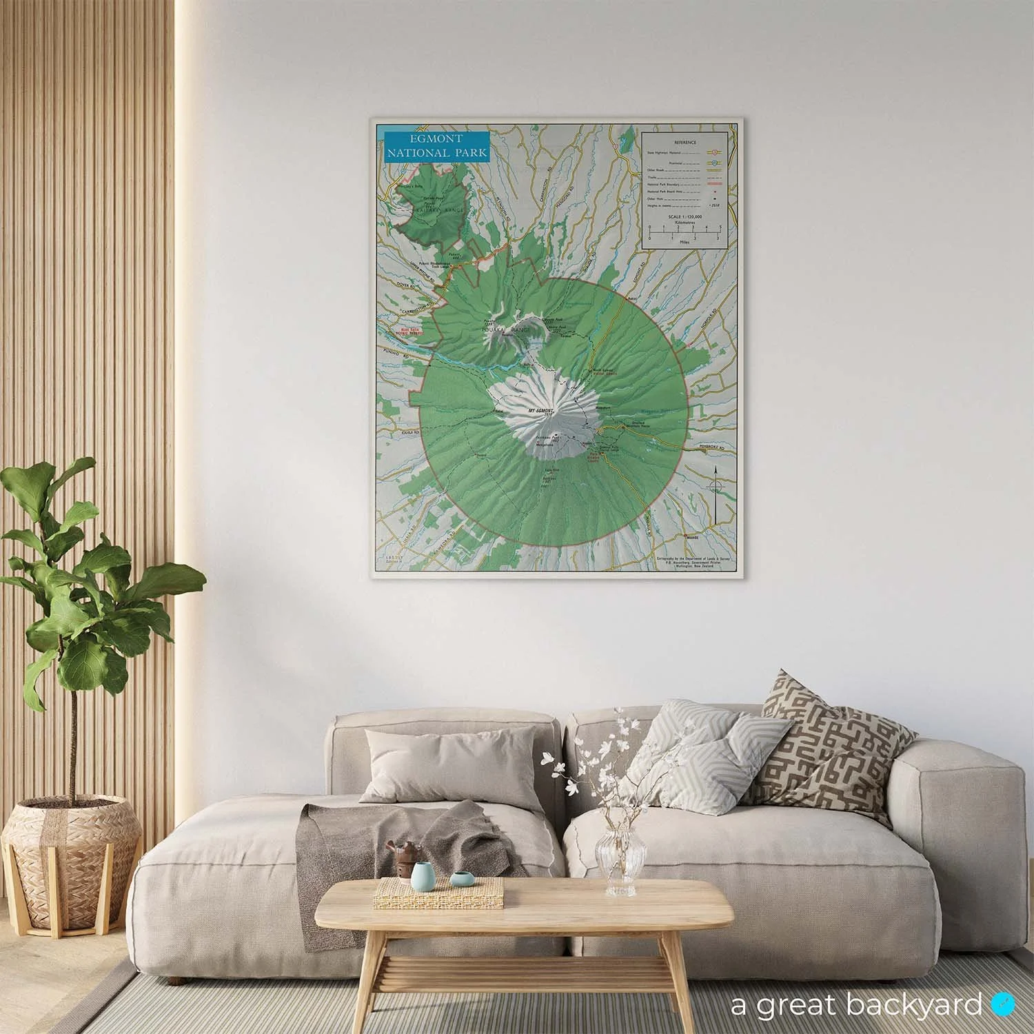 Egmont National Park map print on lounge wall | a great backyard made in NZ