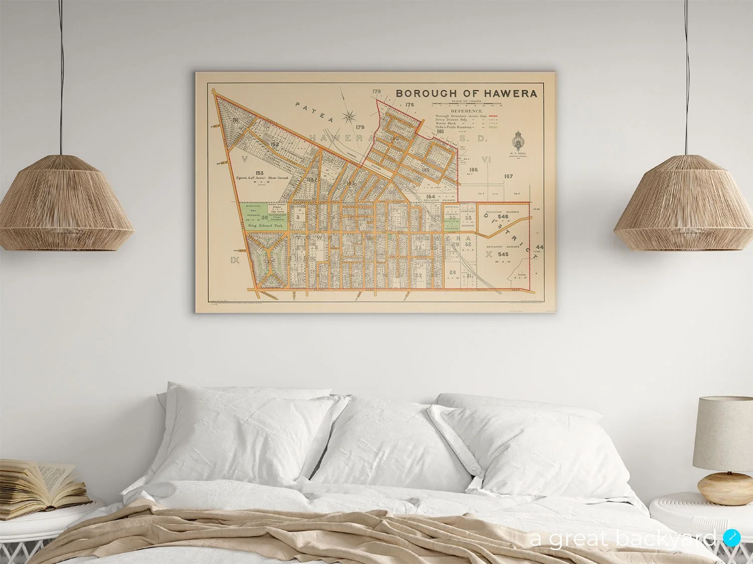 Historical Map of Hawera (1927) on bedroom wall | Handcrafted prints by a great backyard