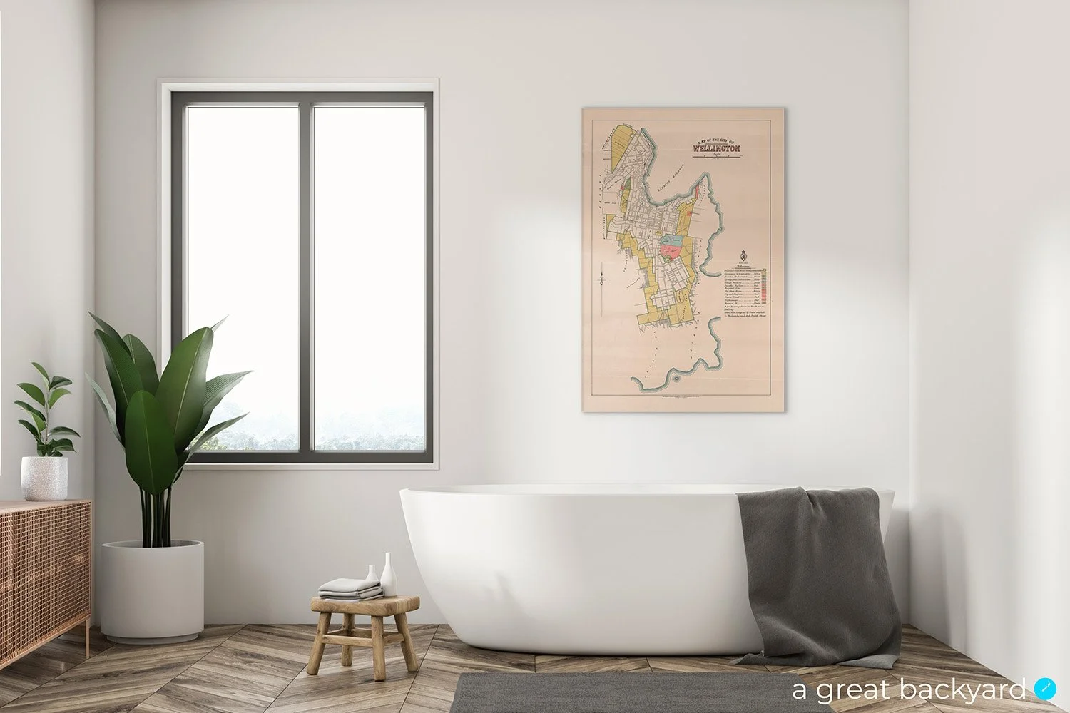 Vintage Wellington map hanging on bathroom wall | a great backyard print and photography