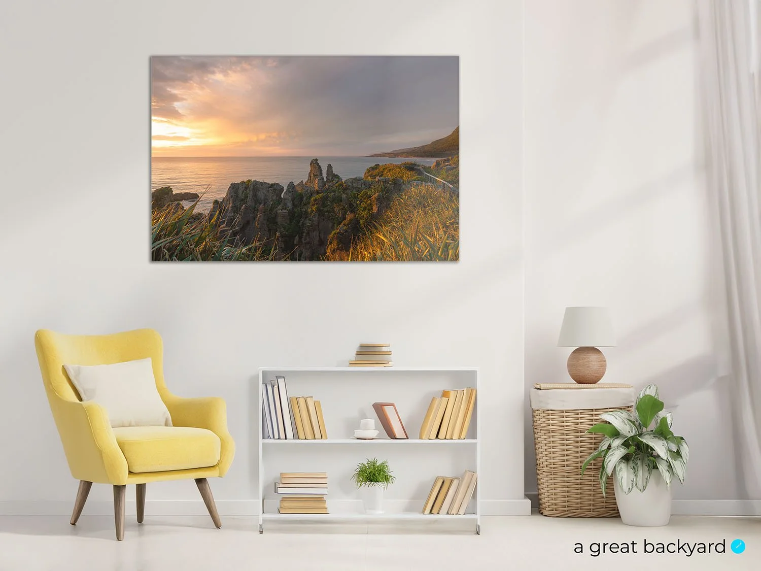 Punakaiki sunset print hanging on interior wall | a great backyard print New Zealand