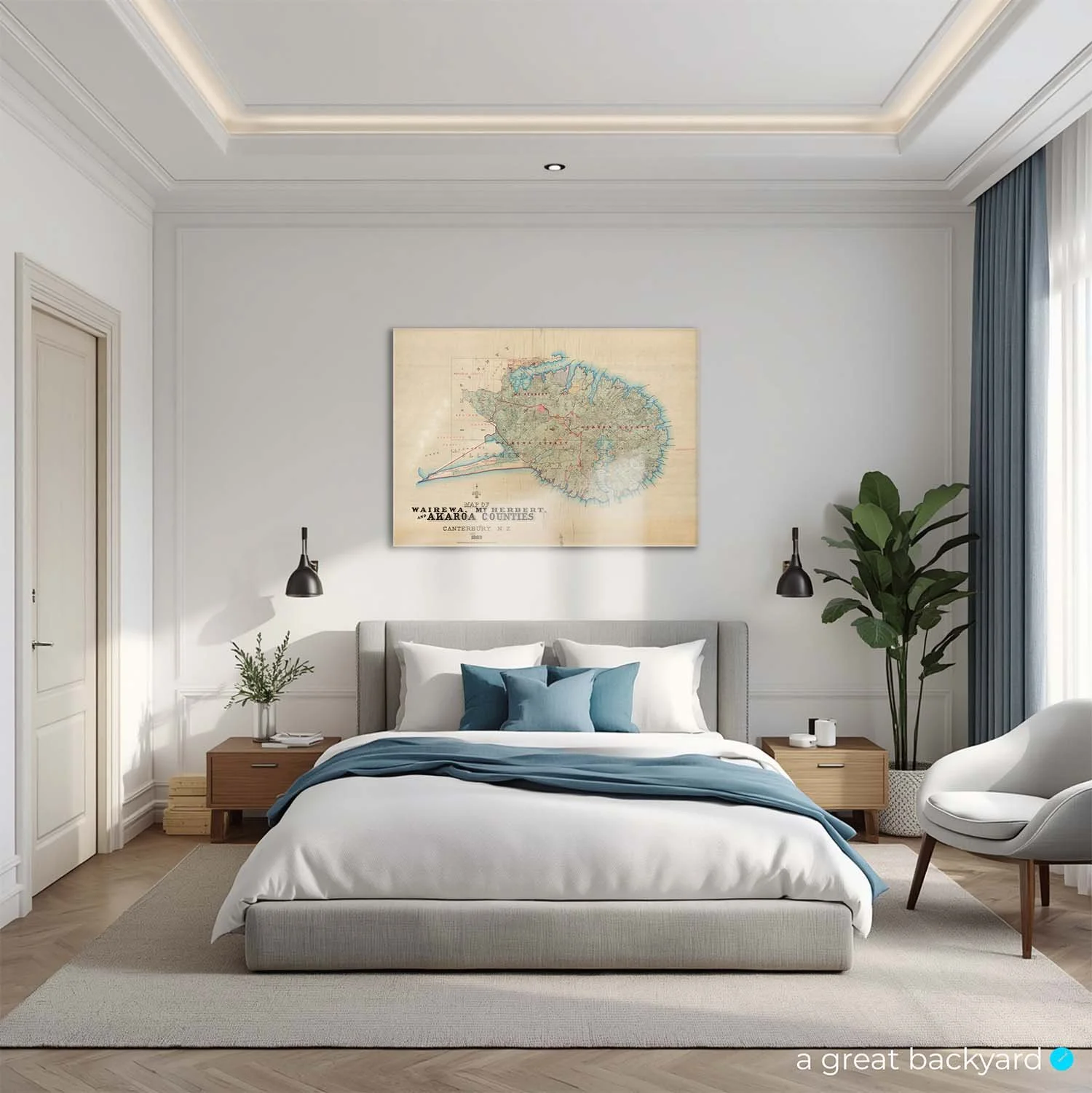 Vintage map of Akaroa on bedroom wall | a great backyard map prints