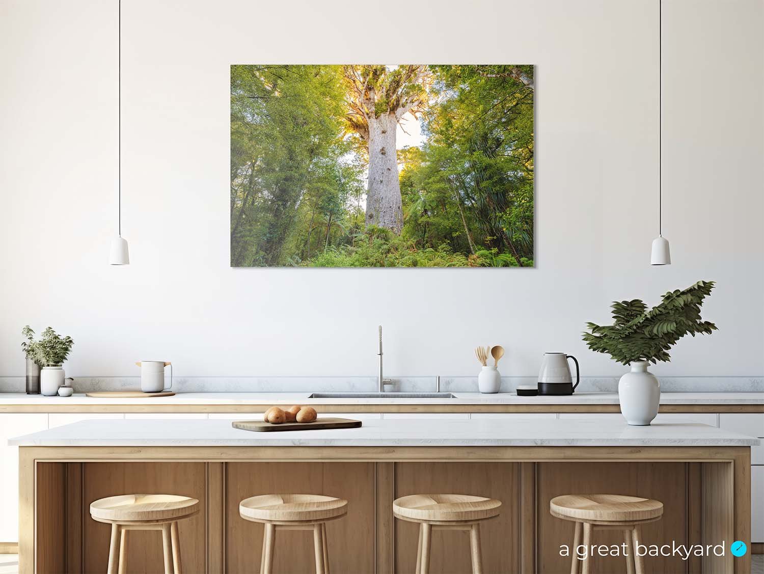 Tāne Mahuta print on kitchen wall | a great backyard acrylic prints