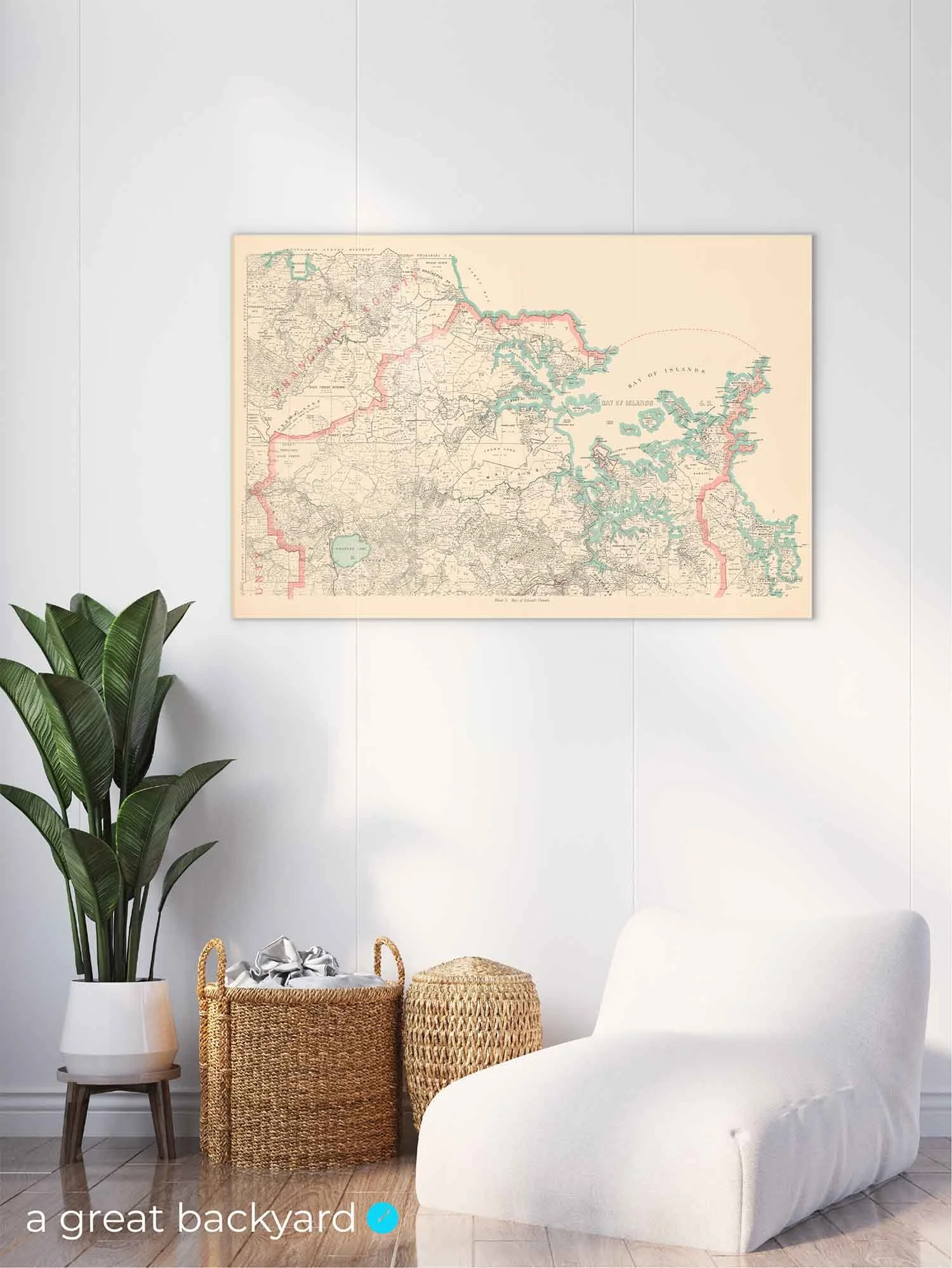 Bay of Islands map (1930) on home wall | a great backyard New Zealand