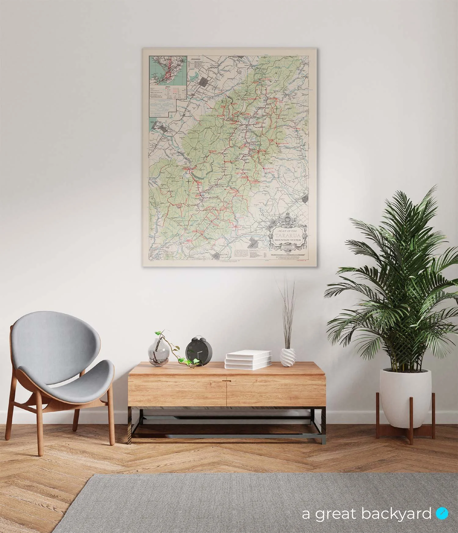 Historical Tararua Mountains map (1959) on home wall | a great backyard hand-crafted map prints