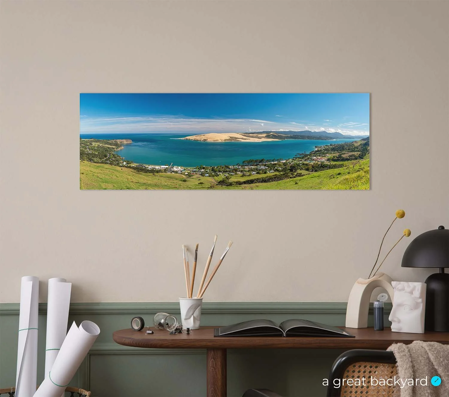 Hokianga sand dune print on interior wall | a great backyard New Zealand