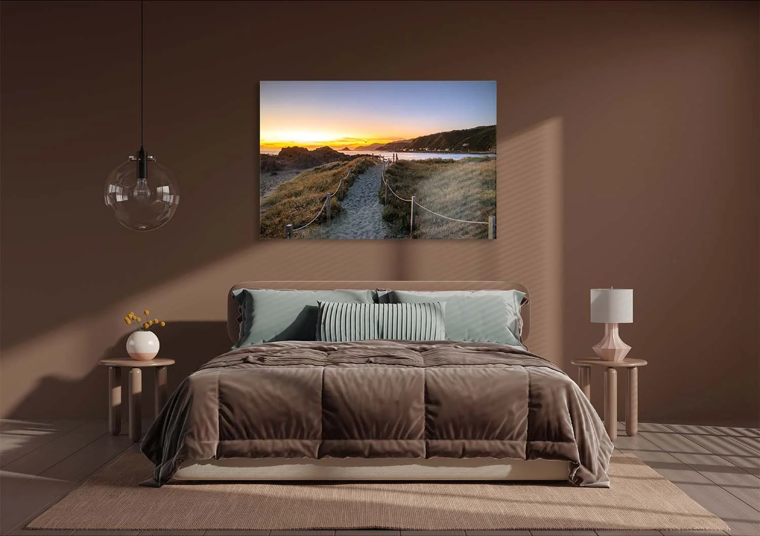 Print of Wellington path to beach at sunset hanging on bedroom wall | a great backyard print studio, New Zealand