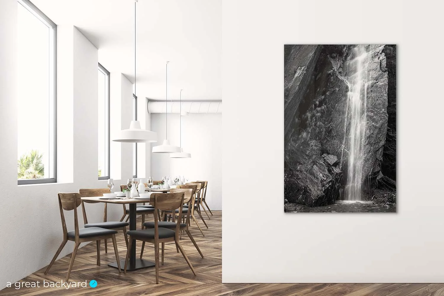 Franz Josef waterfall print hanging on interior wall | a great backyard proudly made in New Zealand
