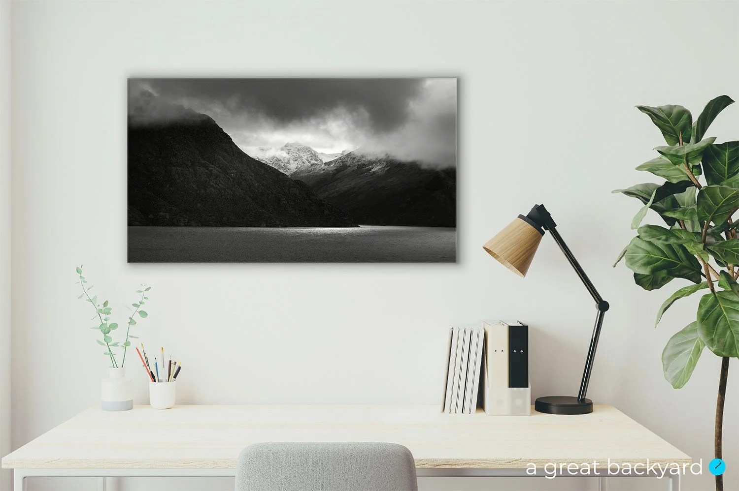 Wakatipu mountain black and white print on interior wall | a great backyard acrylic prints