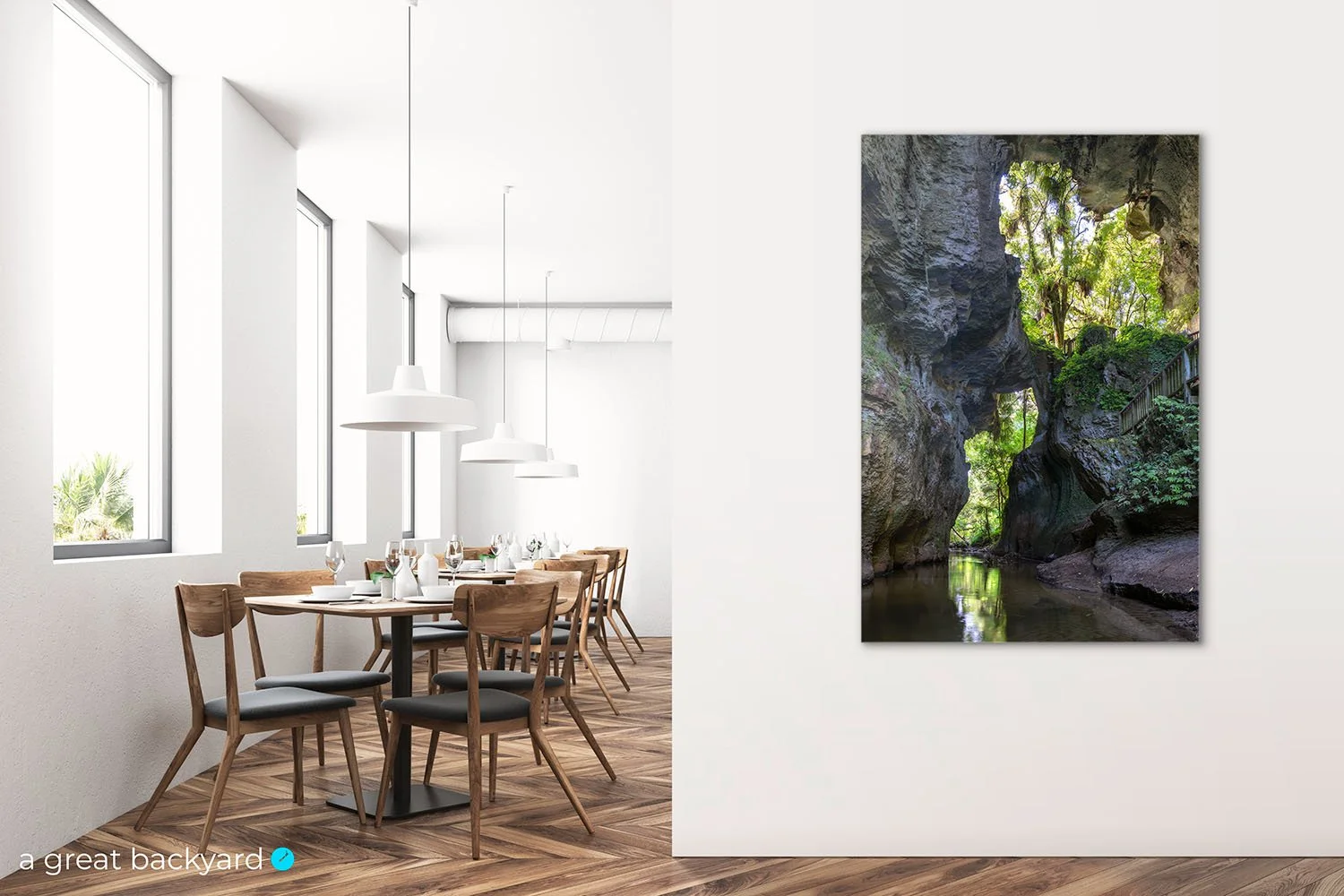 Mangapohue Natural Tunnel Bridge print on cafe wall | a great backyard fine art photography made in NZ