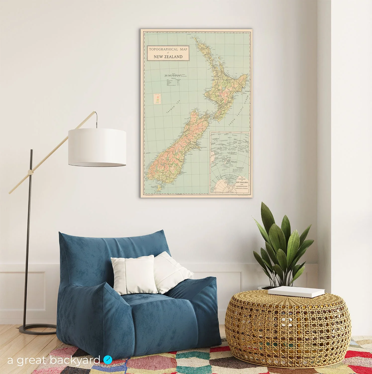 Vintage Topographical map of New Zealand hanging on home wall | a great backyard print studio
