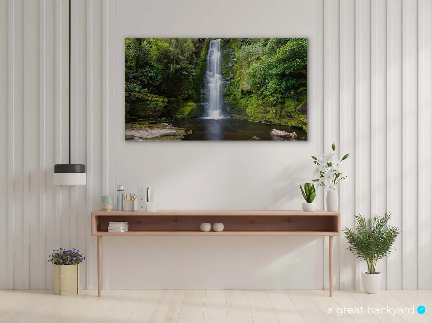 McLean Falls print on interior wall | a great backyard print New Zealand