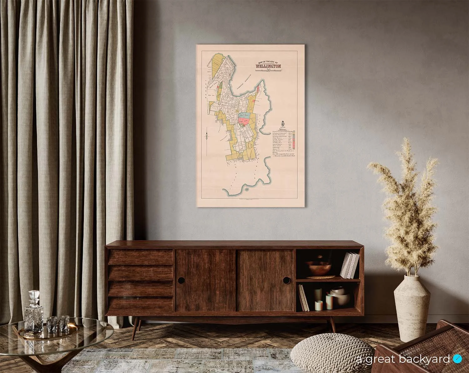 Historic Wellington map hanging on home wall | a great backyard print and design