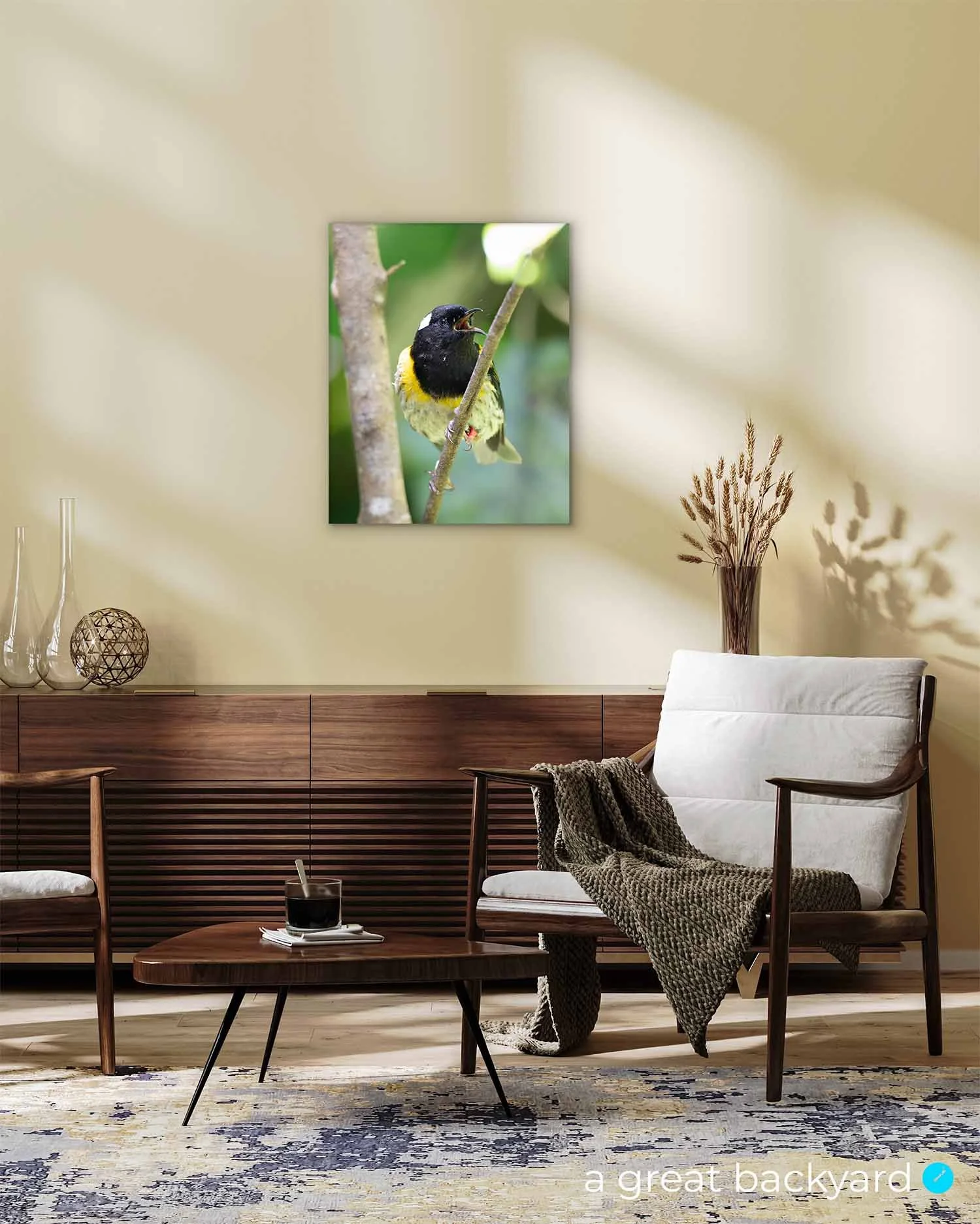 Hihi print hanging on home wall | created by a great backyard New Zealand