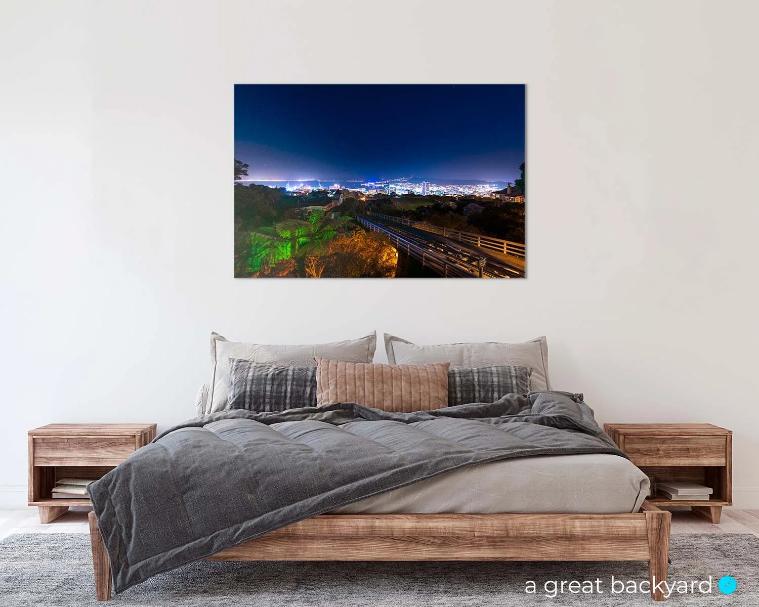 Acrylic print of Wellington Cable Car at Night hanging on bedroom wall | a great backyard NZ specialist printers
