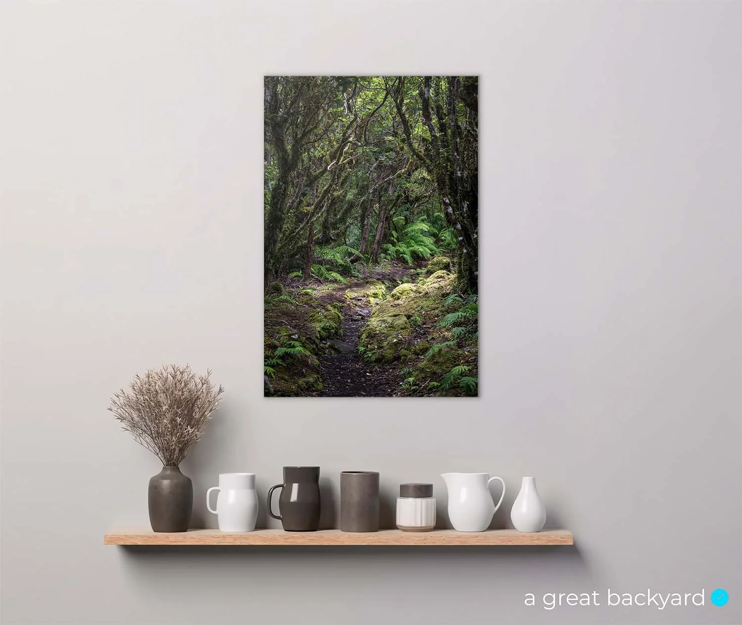 Goblin forest print hanging on interior wall | a great backyard print & design NZ