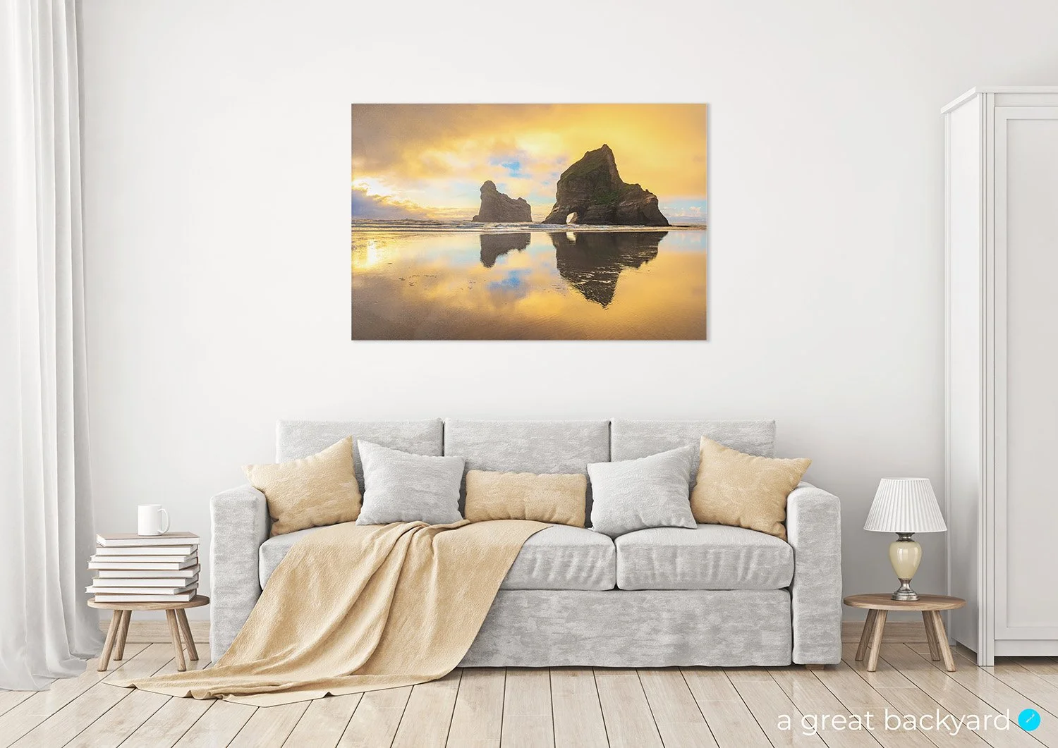 Wharariki Beach sunset print on interior wall | a great backyard New Zealand fine art photography