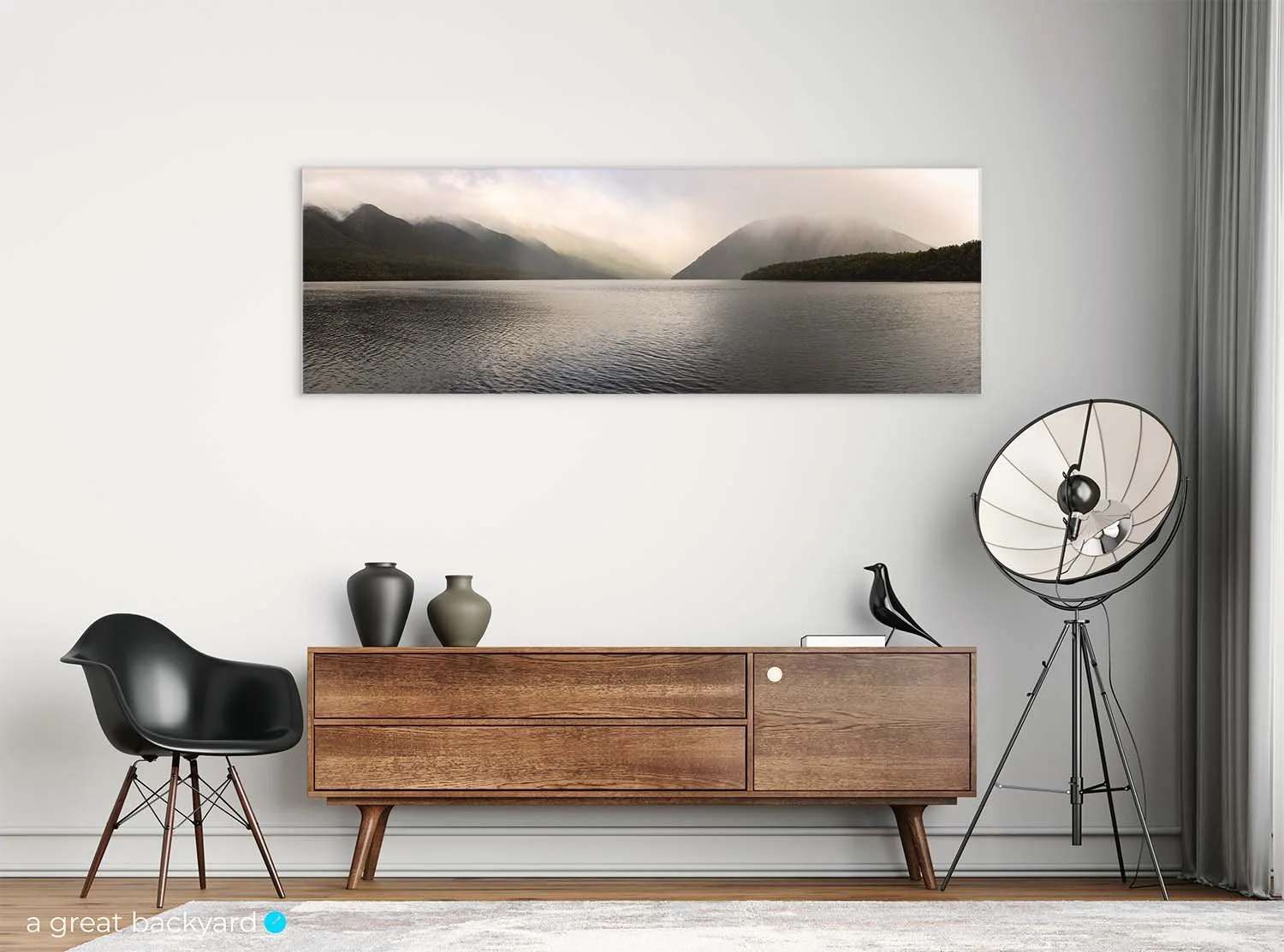 Nelson Lakes Panorama on interior wall | a great backyard gallery wall prints