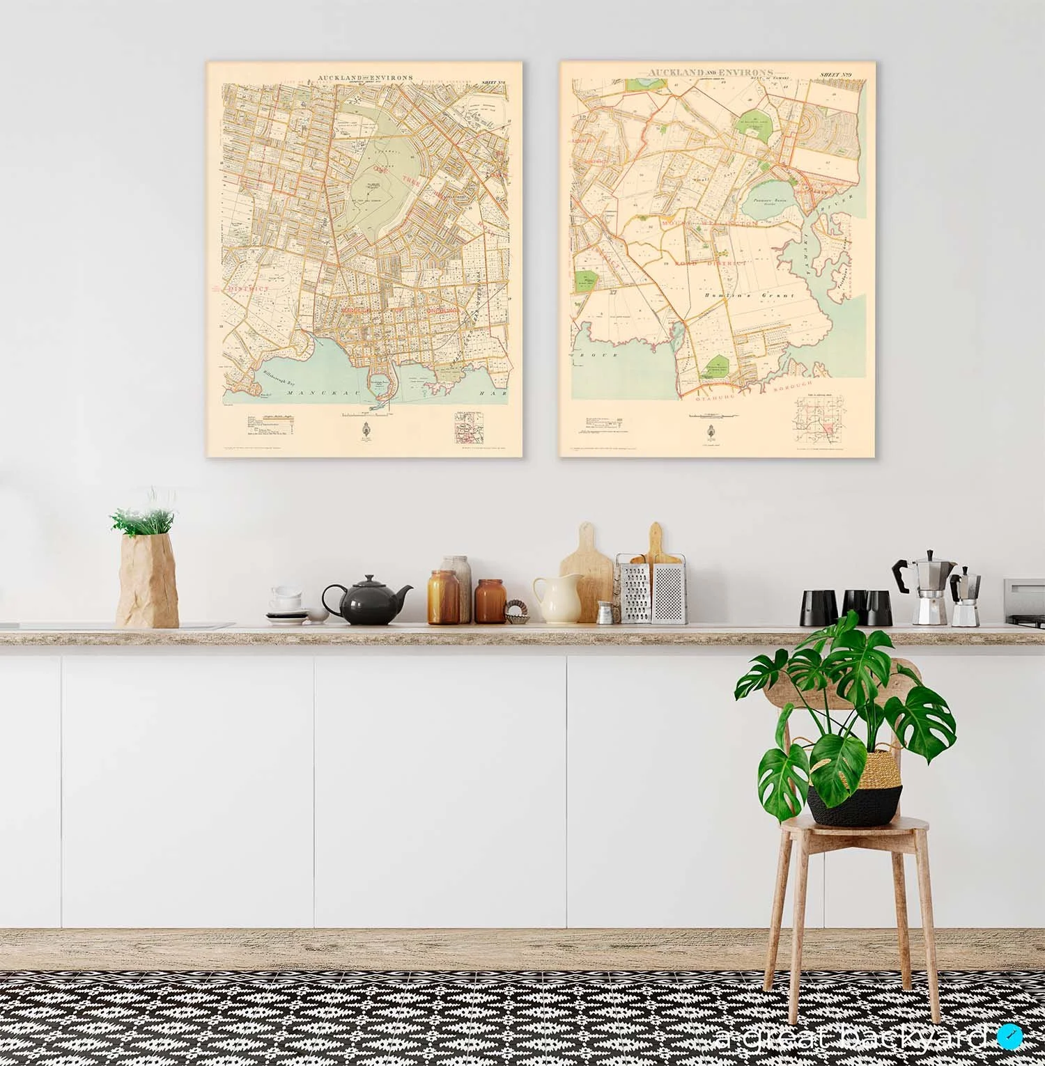 Vintage Auckland maps on home wall | Hand-crafted by a great backyard