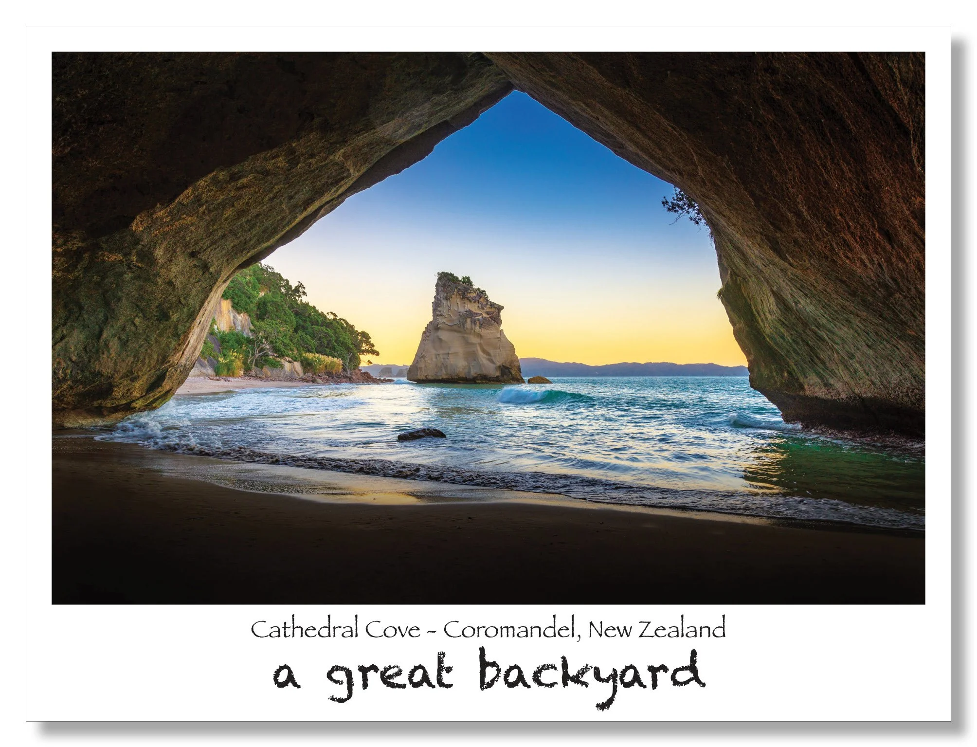 Cathedral Cove Dusk Postcard by Corin Walker Bain | a great backyard photography NZ