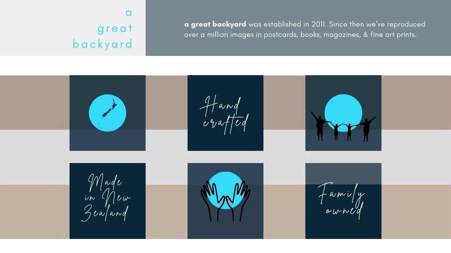 Hand crafted, made in New Zealand, family owned print studio — a great backyard, established 2011