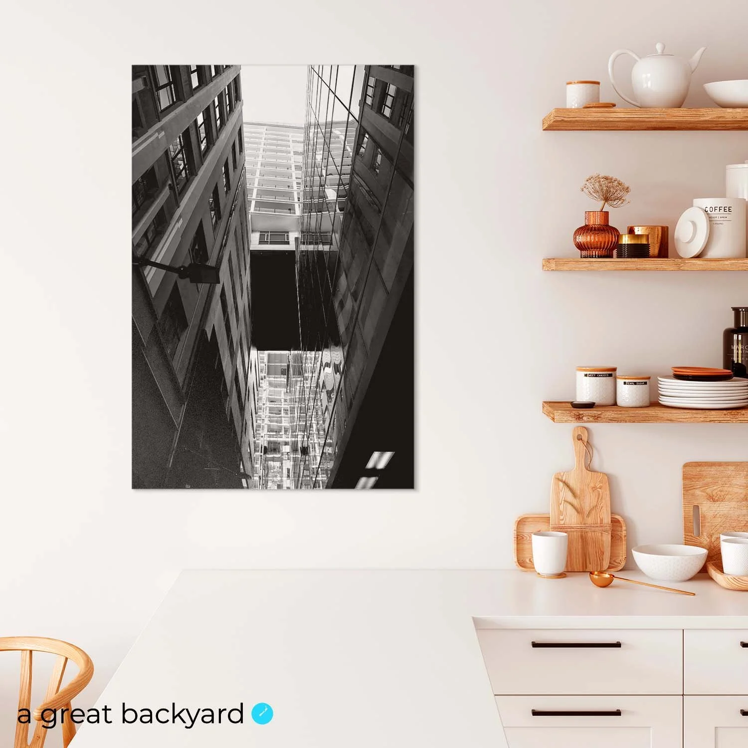 Black and white photo of a Wellington architectural tunnel hanging on a kitchen wall | a great backyard print & design NZ