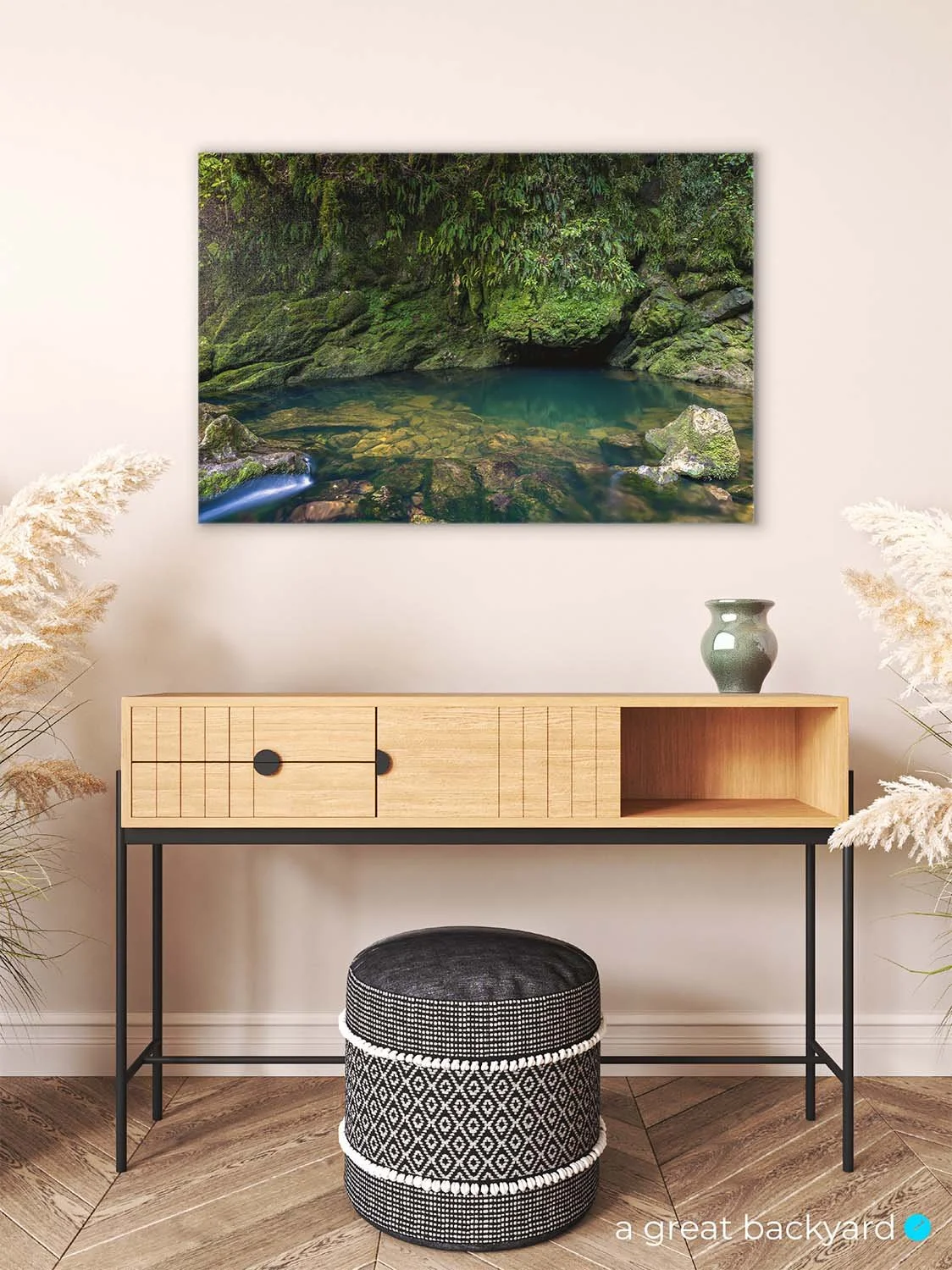 Riwaka Resurgence print on interior wall | a great backyard proudly made in New Zealand