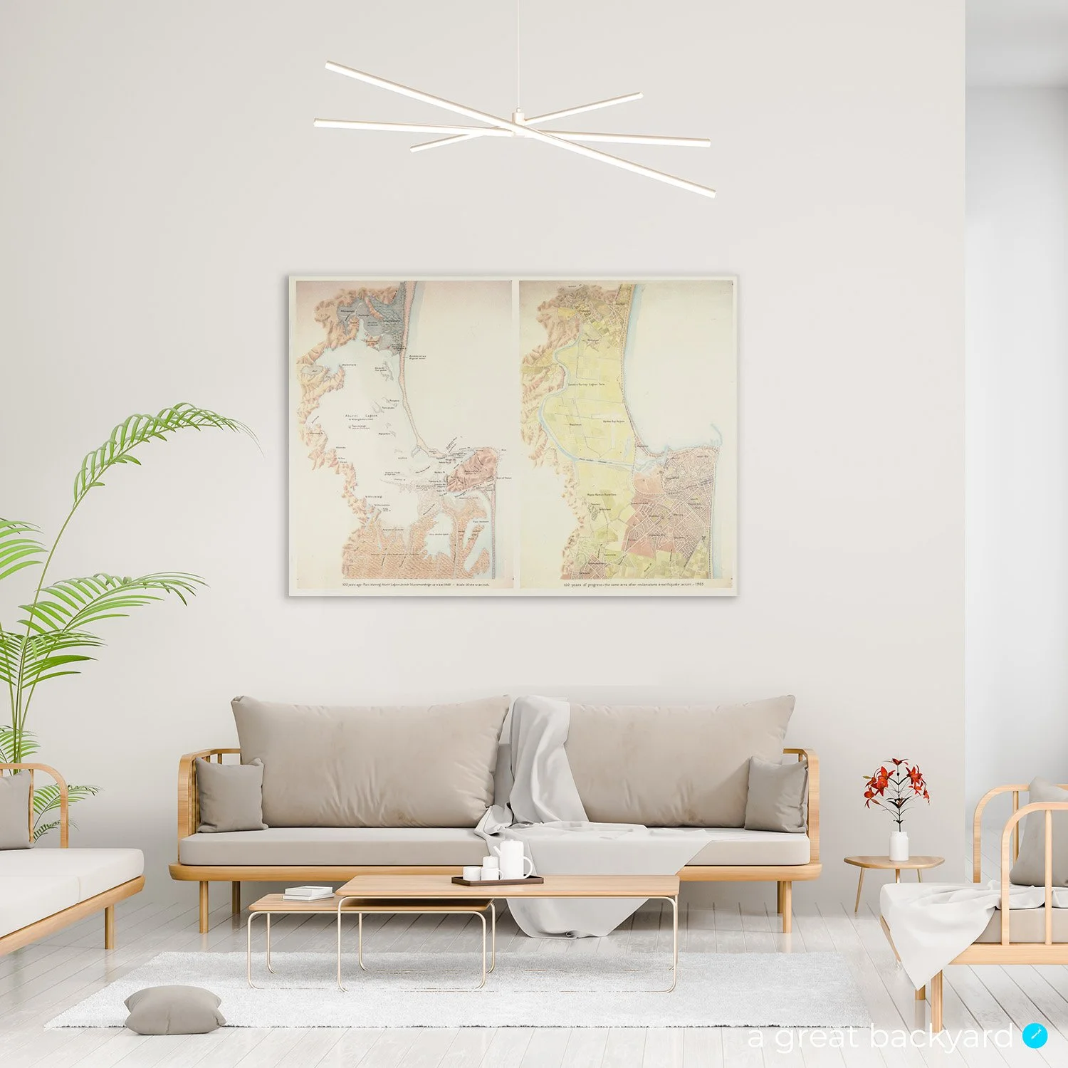 Historical 1865 & 1965 maps of Napier hanging on home wall | a great backyard
