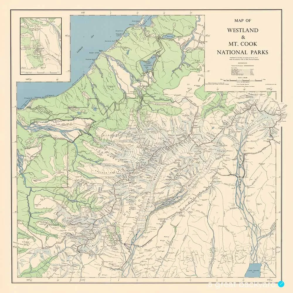 Vintage map of Westland and Mt Cook National Parks | a great backyard New Zealand