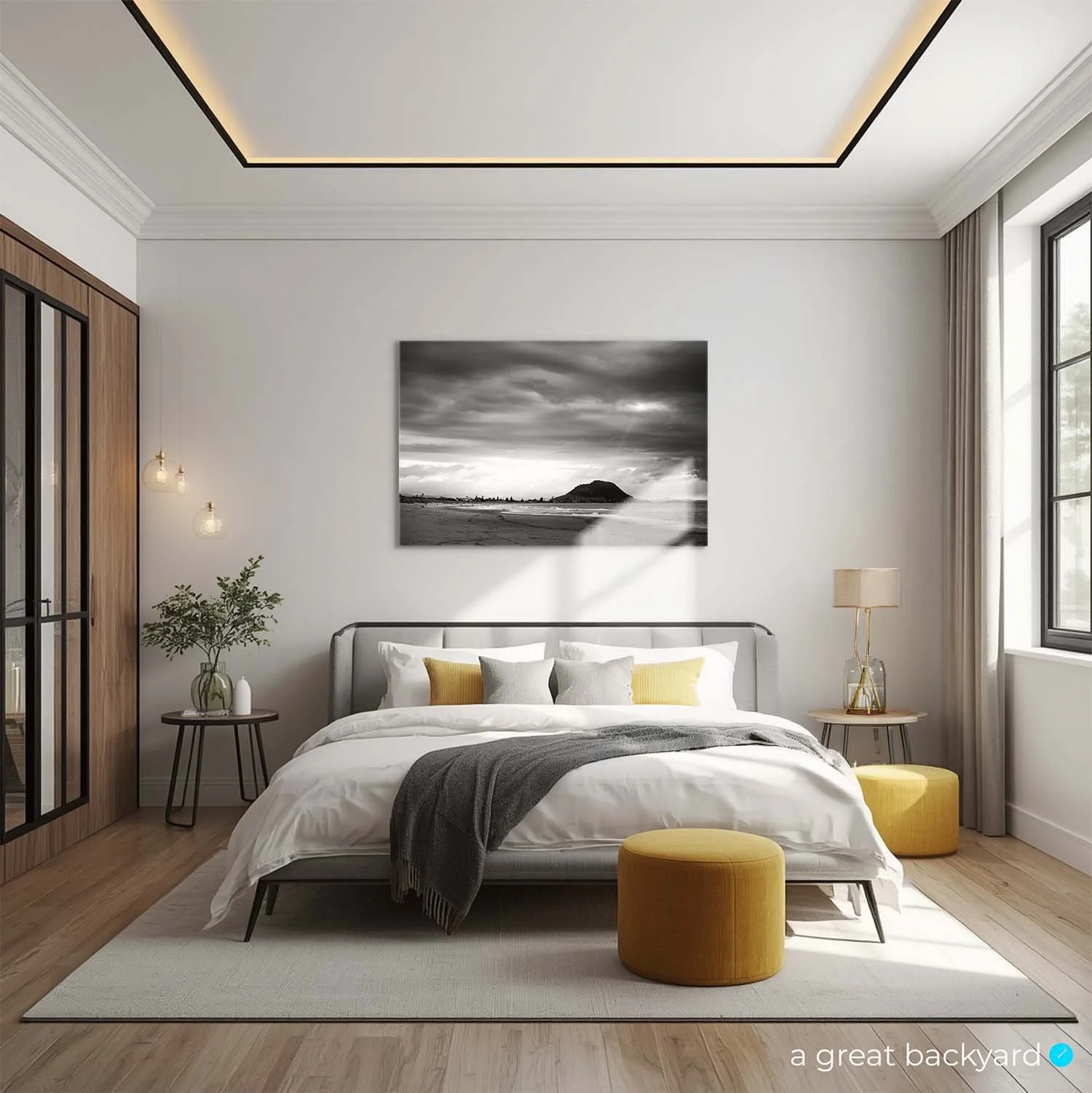 Mt Maunganui black and white print on bedroom wall | a great backyard New Zealand