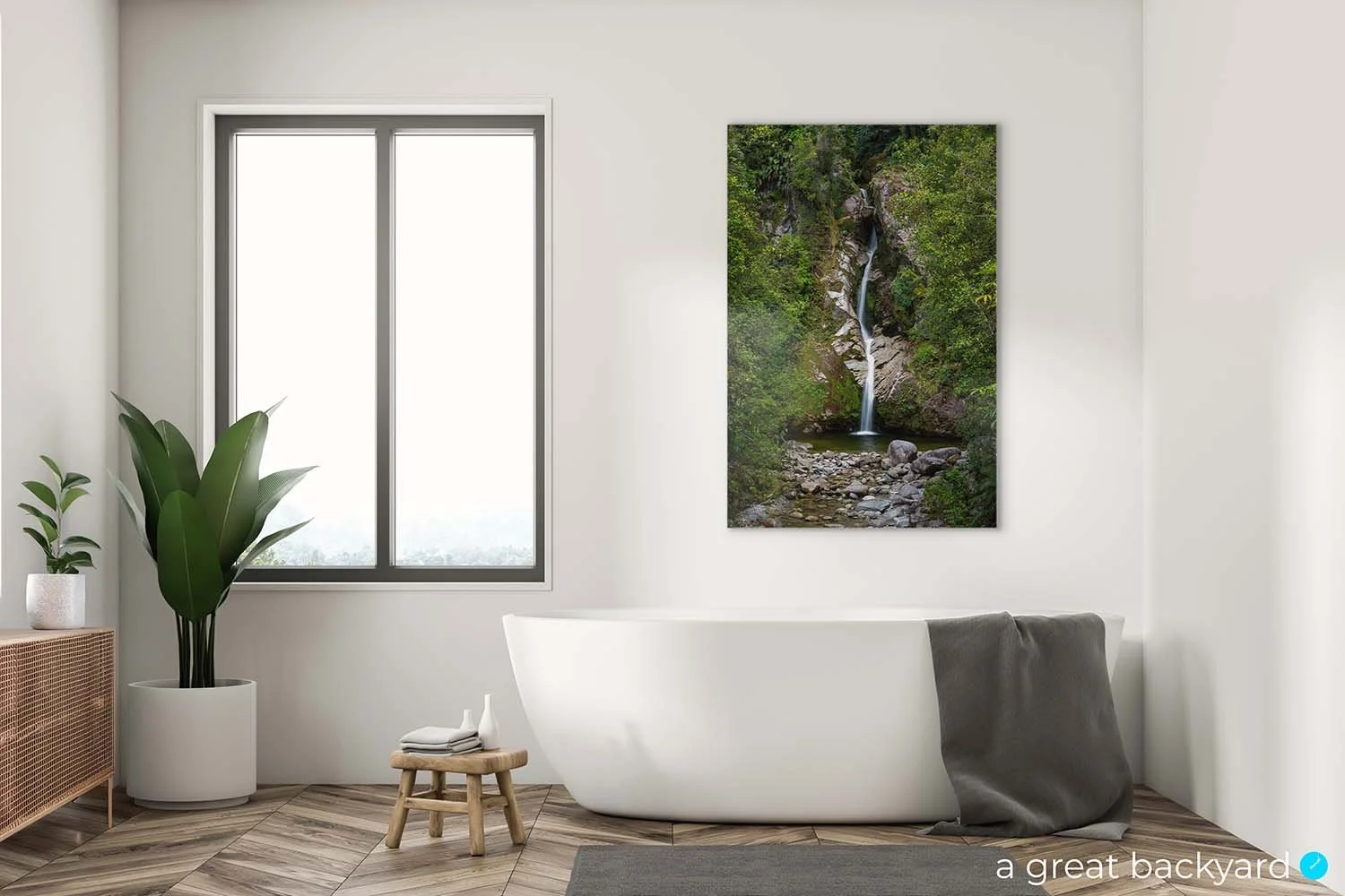 Dorothy Falls print on bathroom wall | a great backyard New Zealand scenery prints