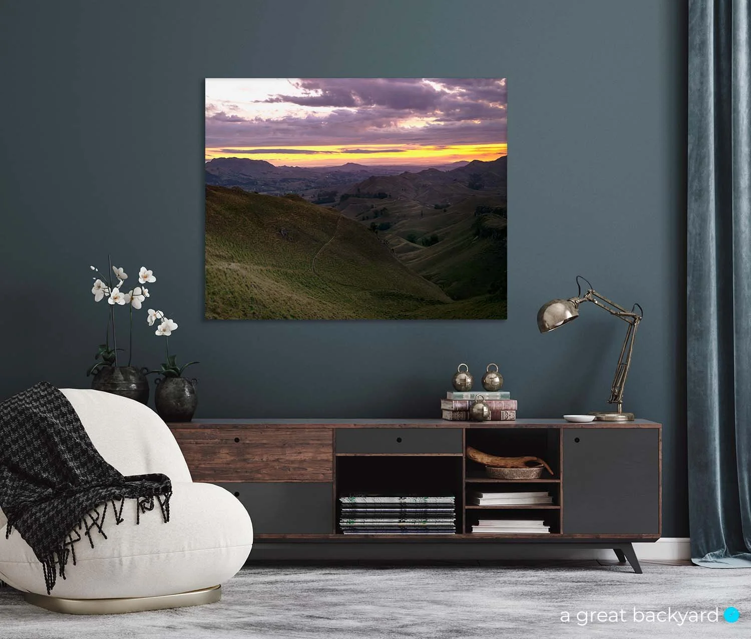Acrylic print of Te Mata Peak glow hanging on living room wall | a great backyard print specialists
