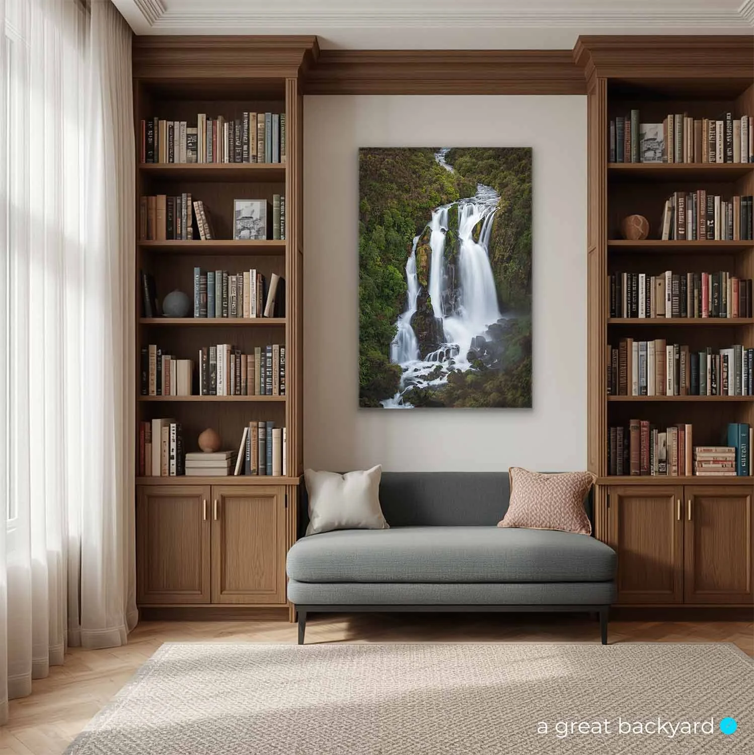 Waipunga Falls print on library wall | a great backyard New Zealand