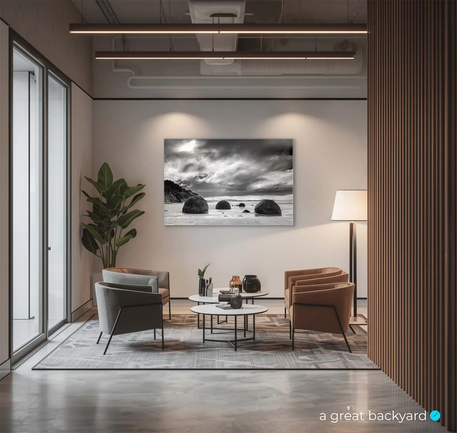 Moeraki Boulders black and white print on office wall | a great backyard prints Made in NZ