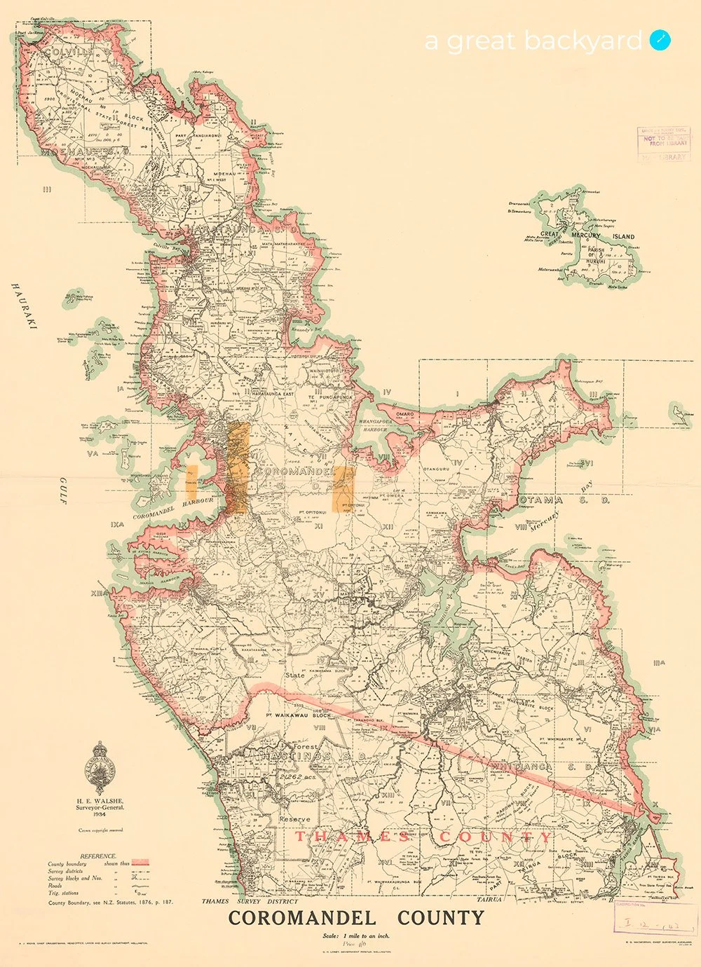 Vintage 1934 map of Coromandel County, New Zealand
