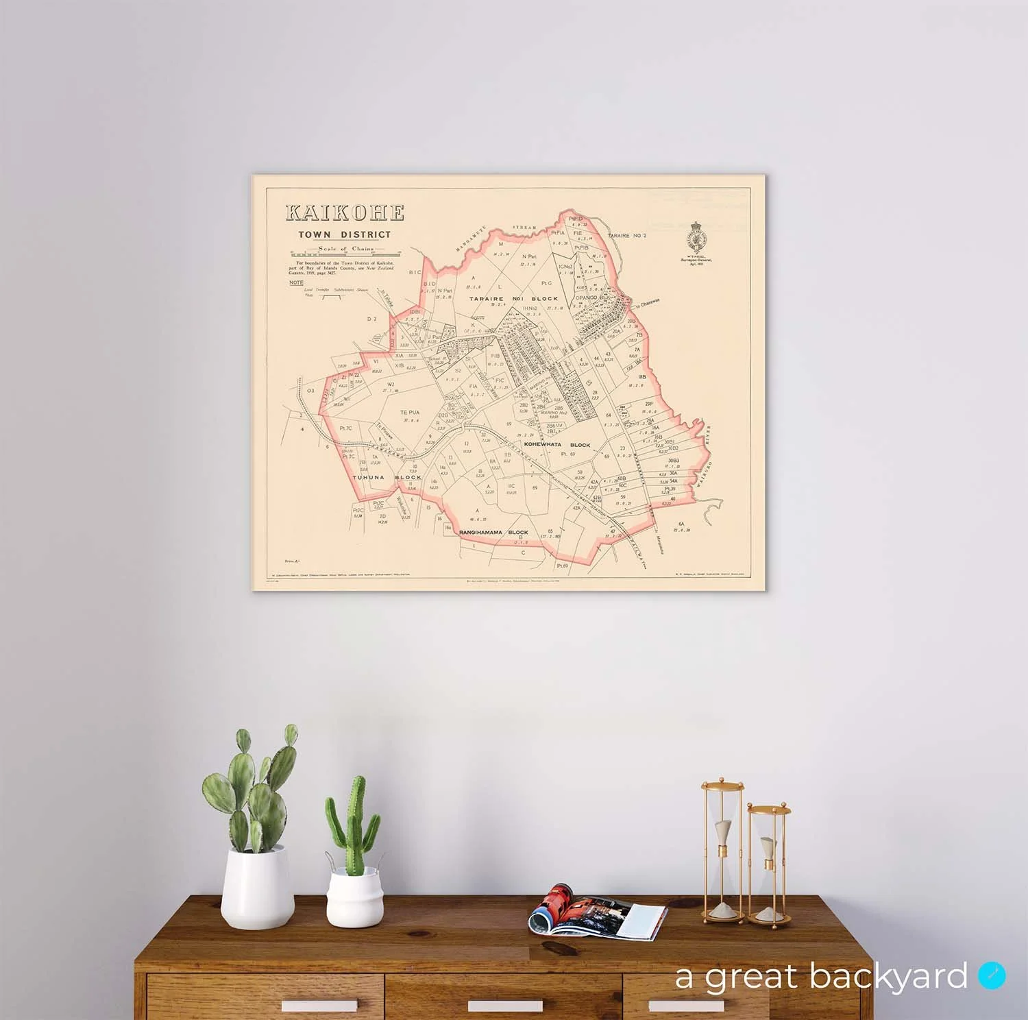 Kaikohe vintage map (1921) on home wall | a great backyard New Zealand