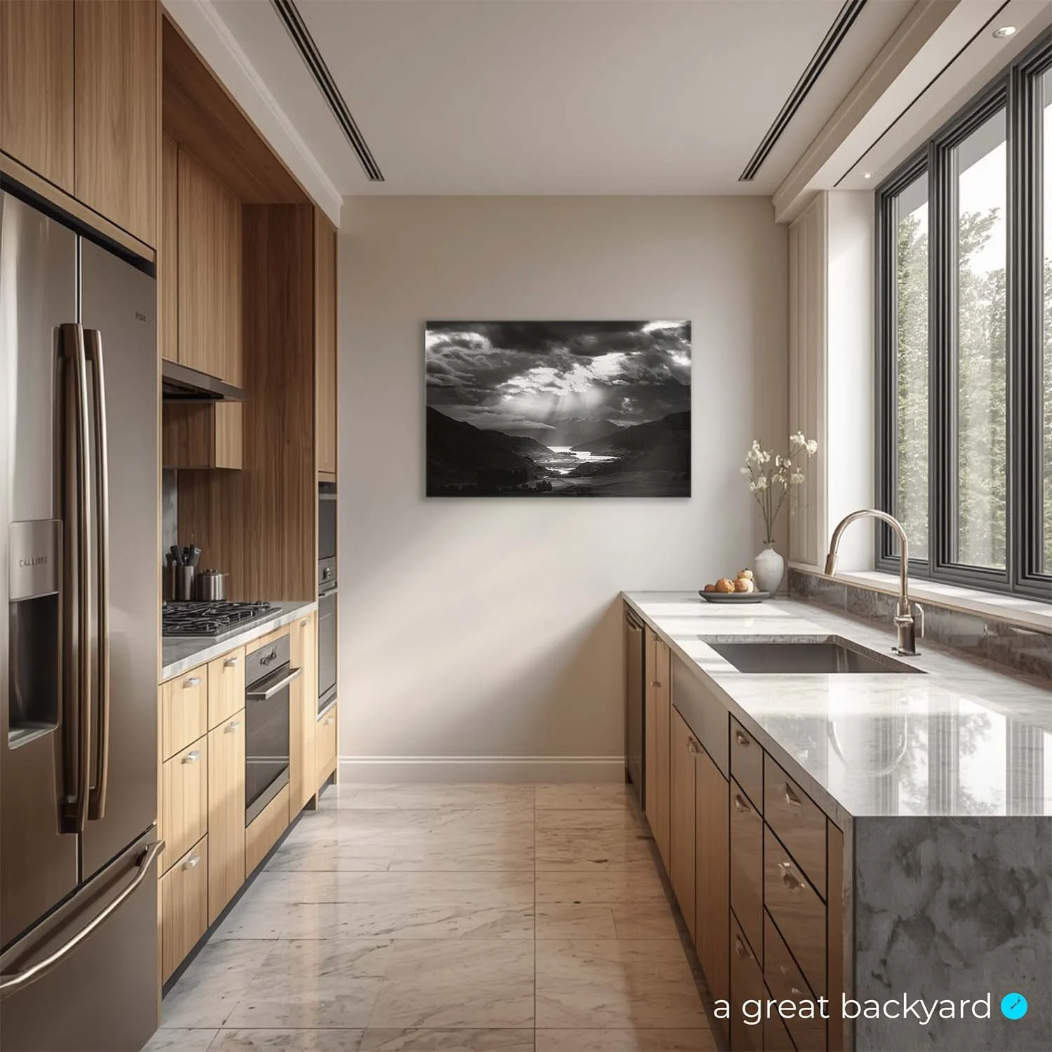 Lake Wakatipu black and white print on kitchen wall | a great backyard Statement Wall Art