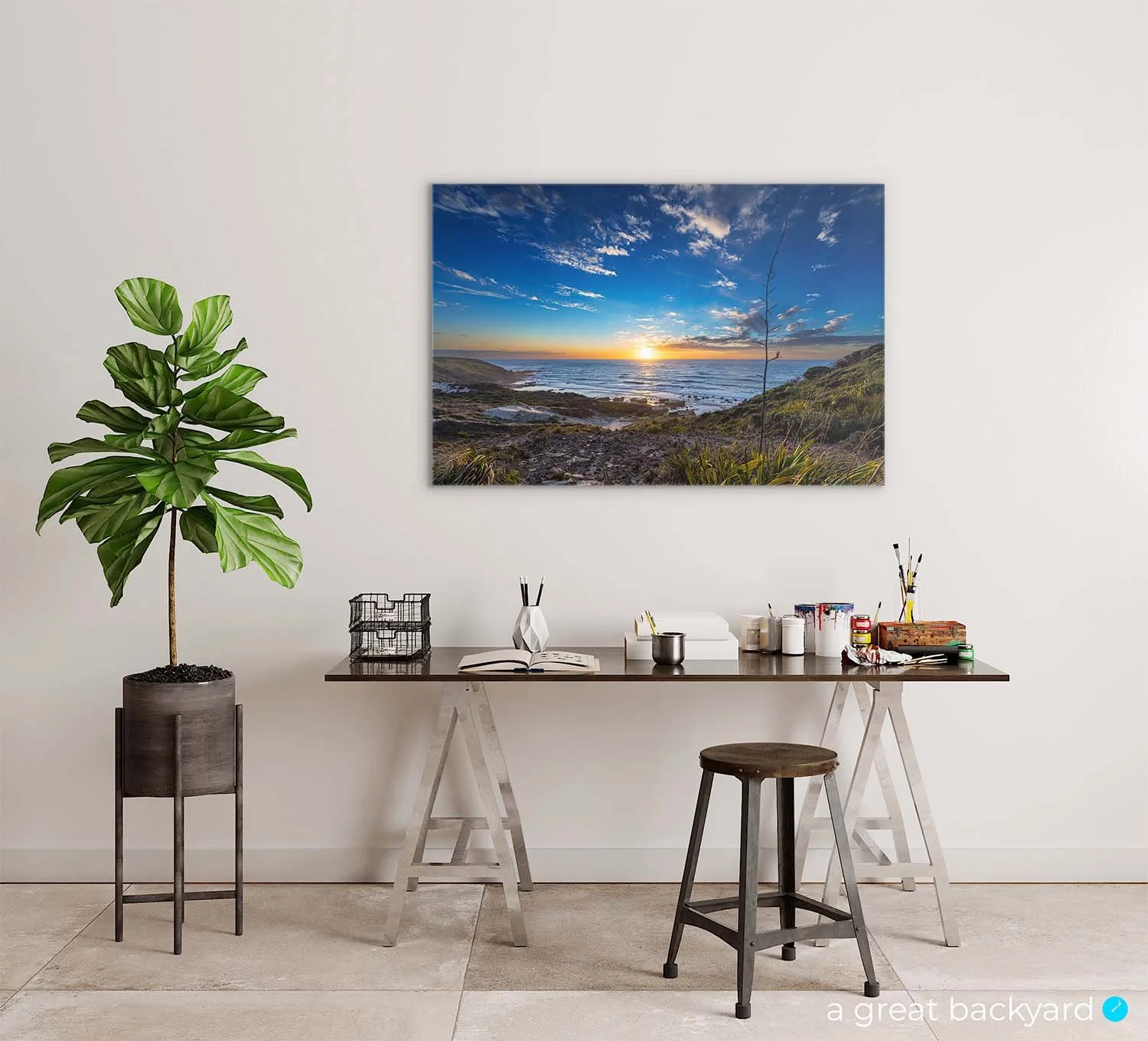 Hokianga sunset print on office wall | a great backyard gallery wall art