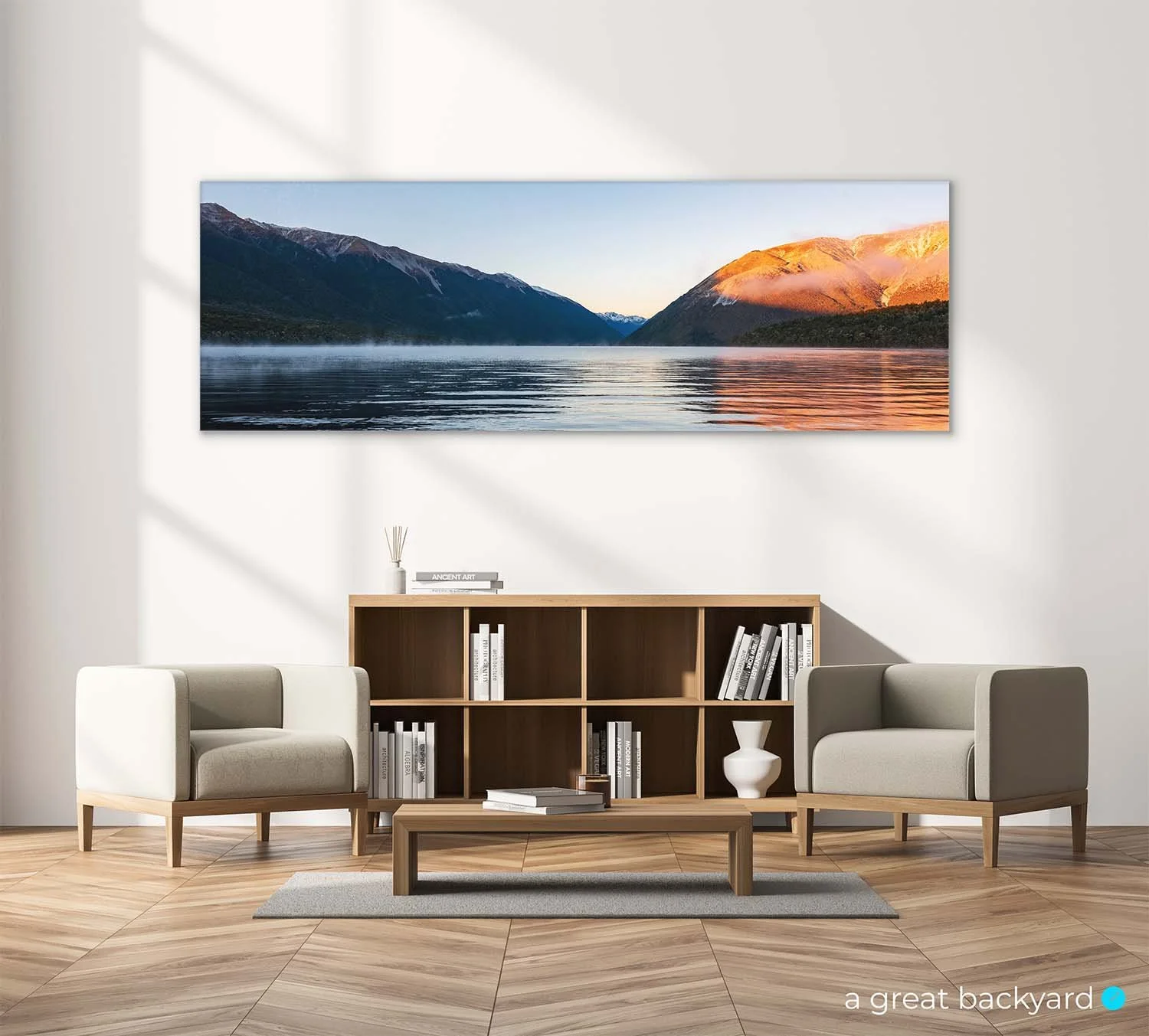 Nelson Lakes print hanging on interior wall | a great backyard beautiful New Zealand photography