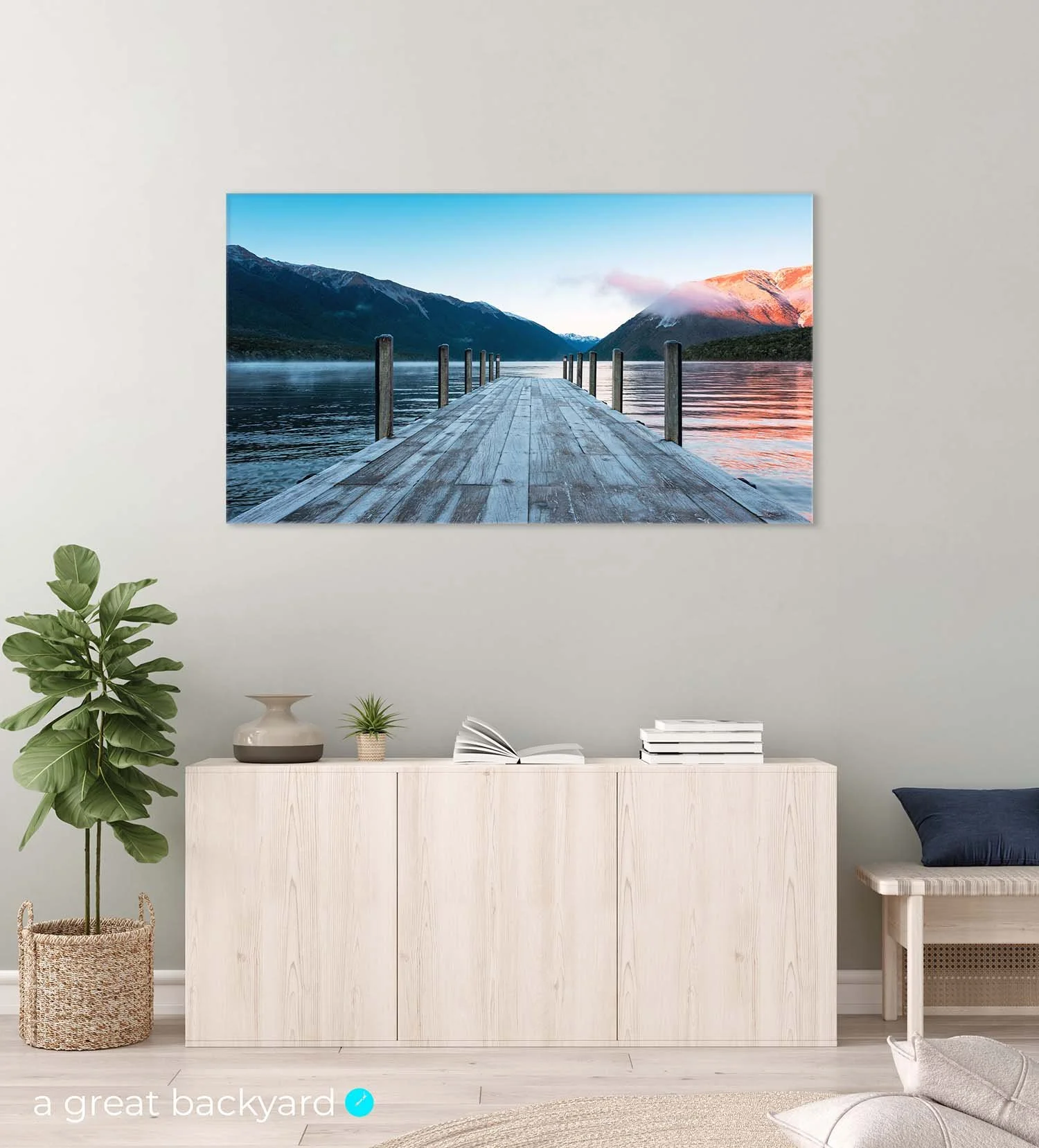 Nelson Lakes print on interior wall | a great backyard
