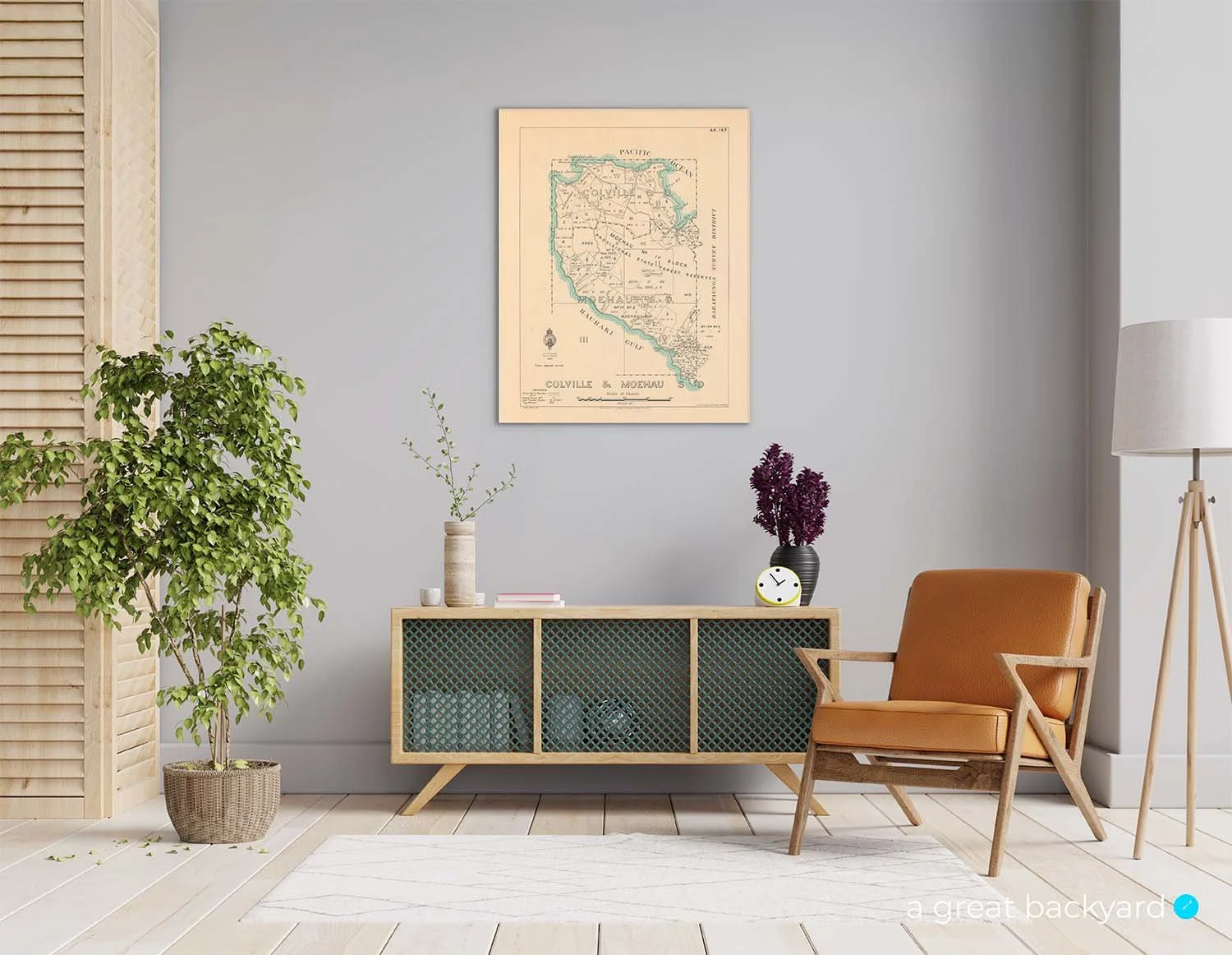 Colville and Moehau 1929 map hanging on home wall | a great backyard historic maps hand-crafted in NZ