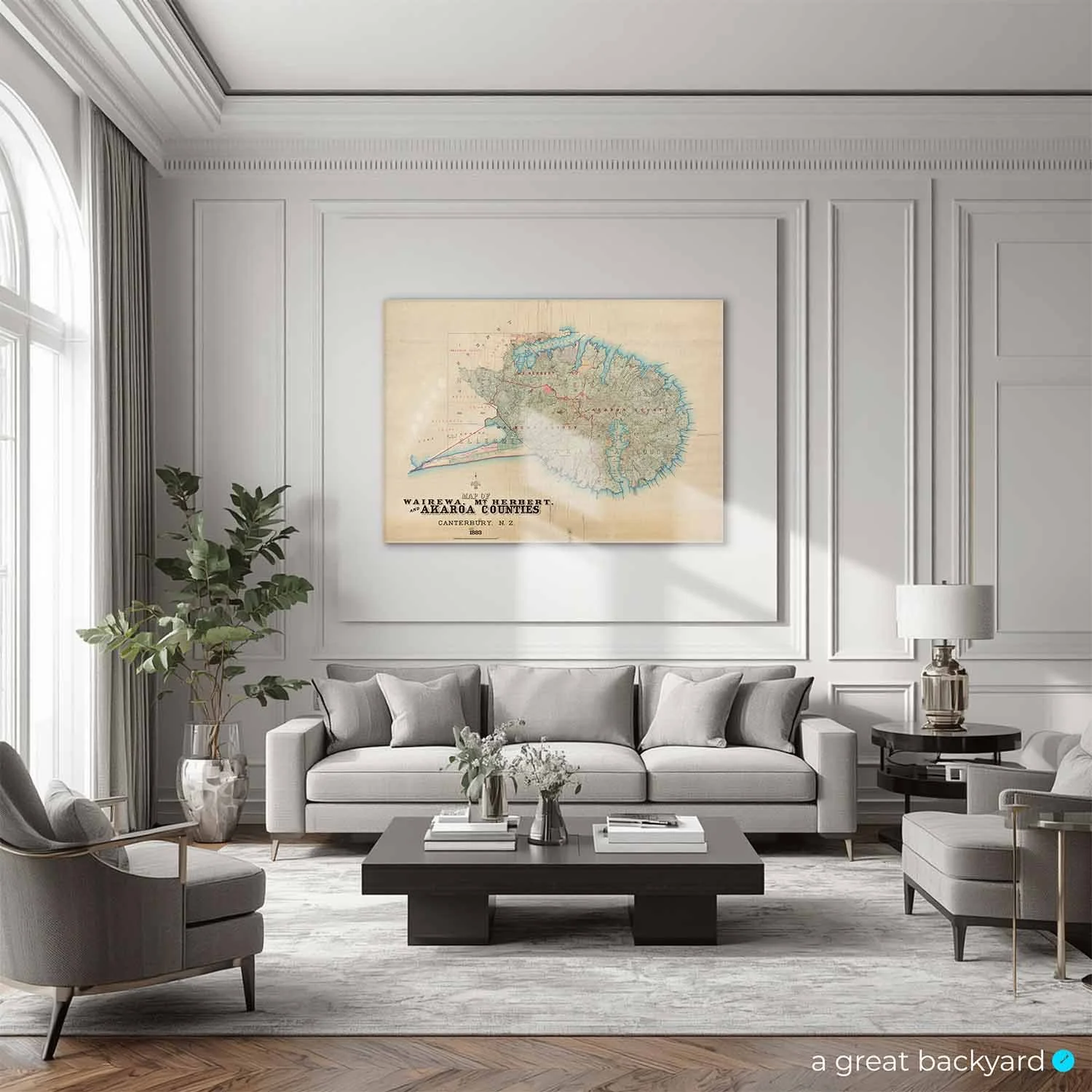 Vintage map of Akaroa on interior wall | a great backyard New Zealand