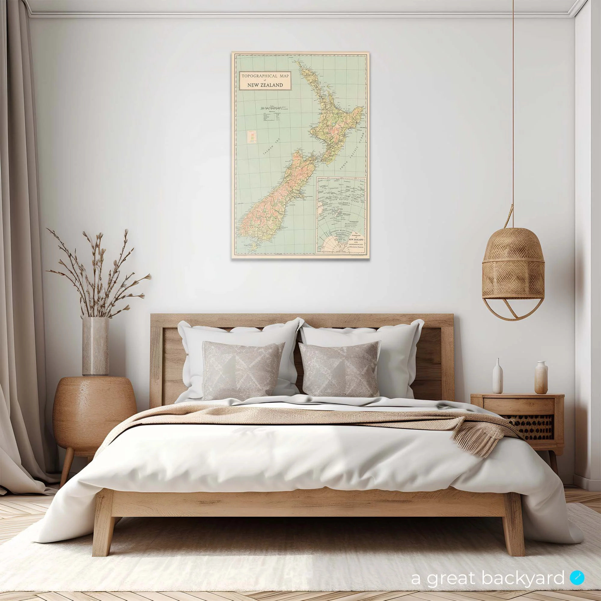 Historic Topographical map of New Zealand hanging on bedroom wall | a great backyard print studio