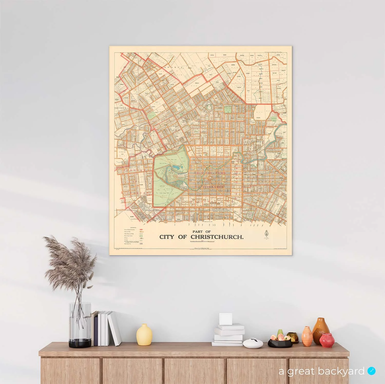 Vintage Christchurch Map (1926) on home wall | a great backyard proudly NZ Made