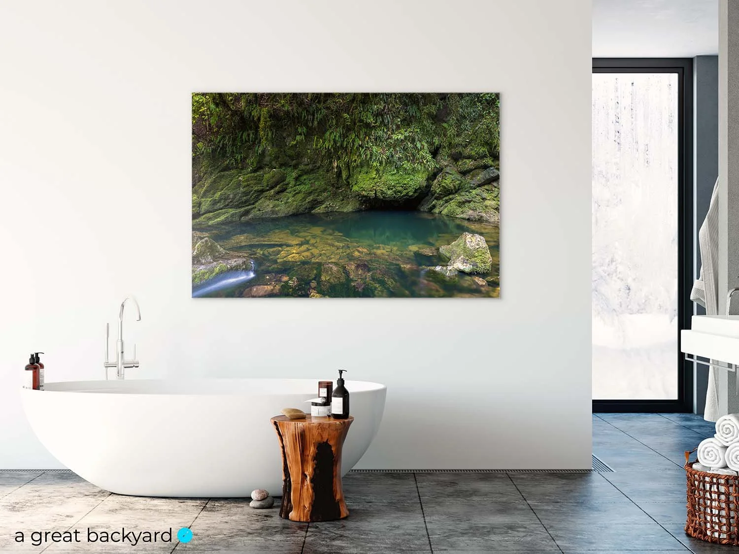 Riwaka Resurgence print on bathroom wall | a great backyard proudly made in New Zealand