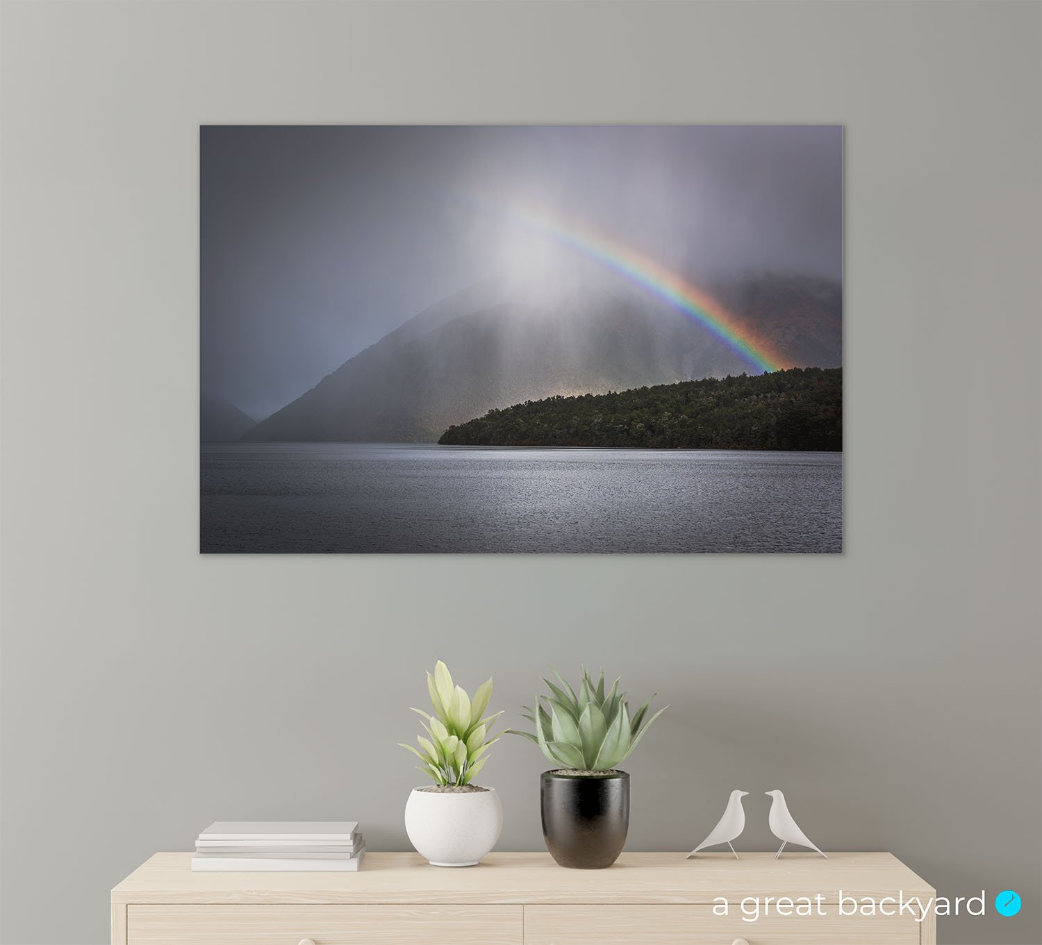Nelson Lakes rainbow print on home wall | a great backyard proudly made in New Zealand